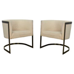 Metropolitan Furn Modern White & Retro Brass Plate Tub Chairs by Jules Heumann