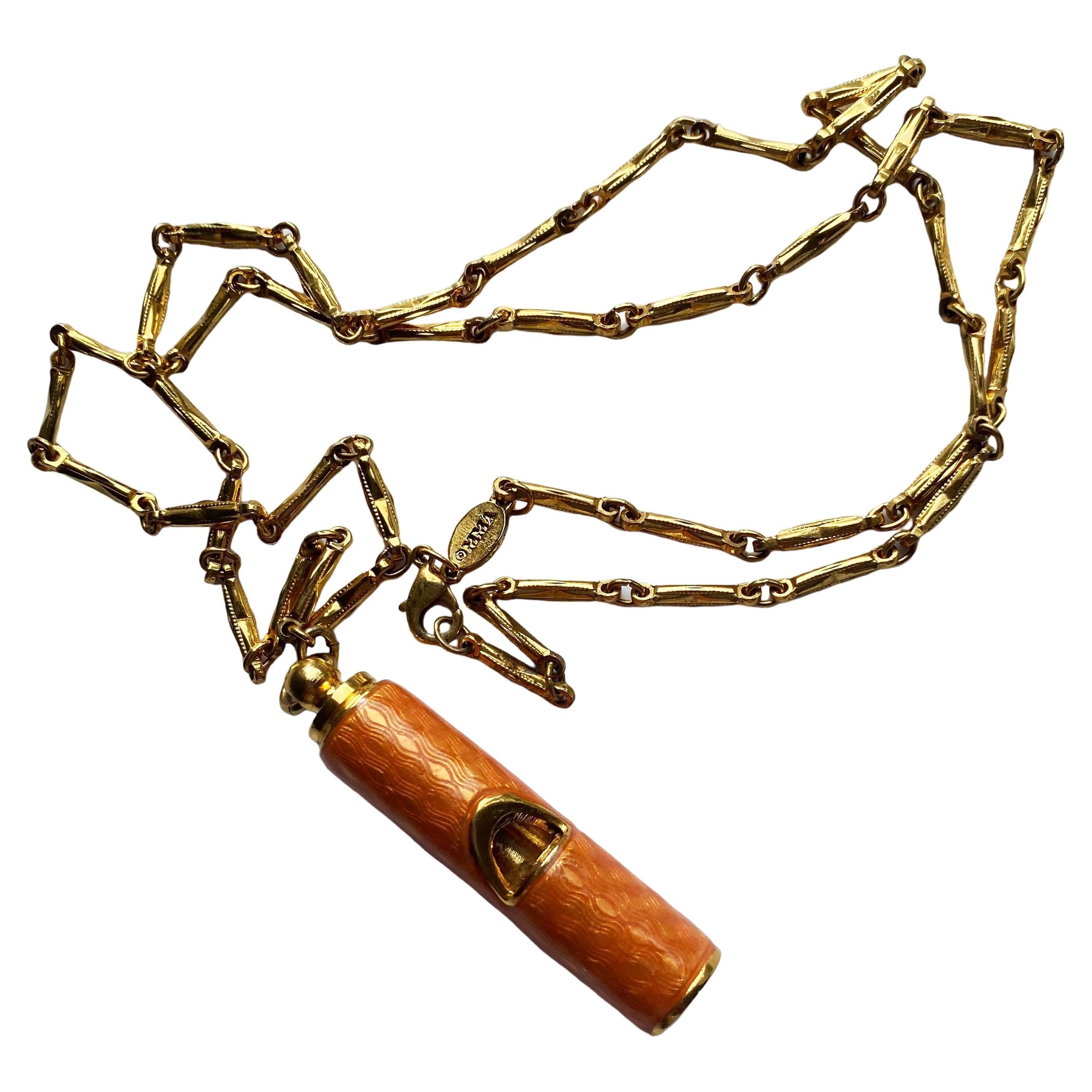 Fabergé Guilloché Orange Enamel Dog Whistle Pendant Gold Necklace MMA