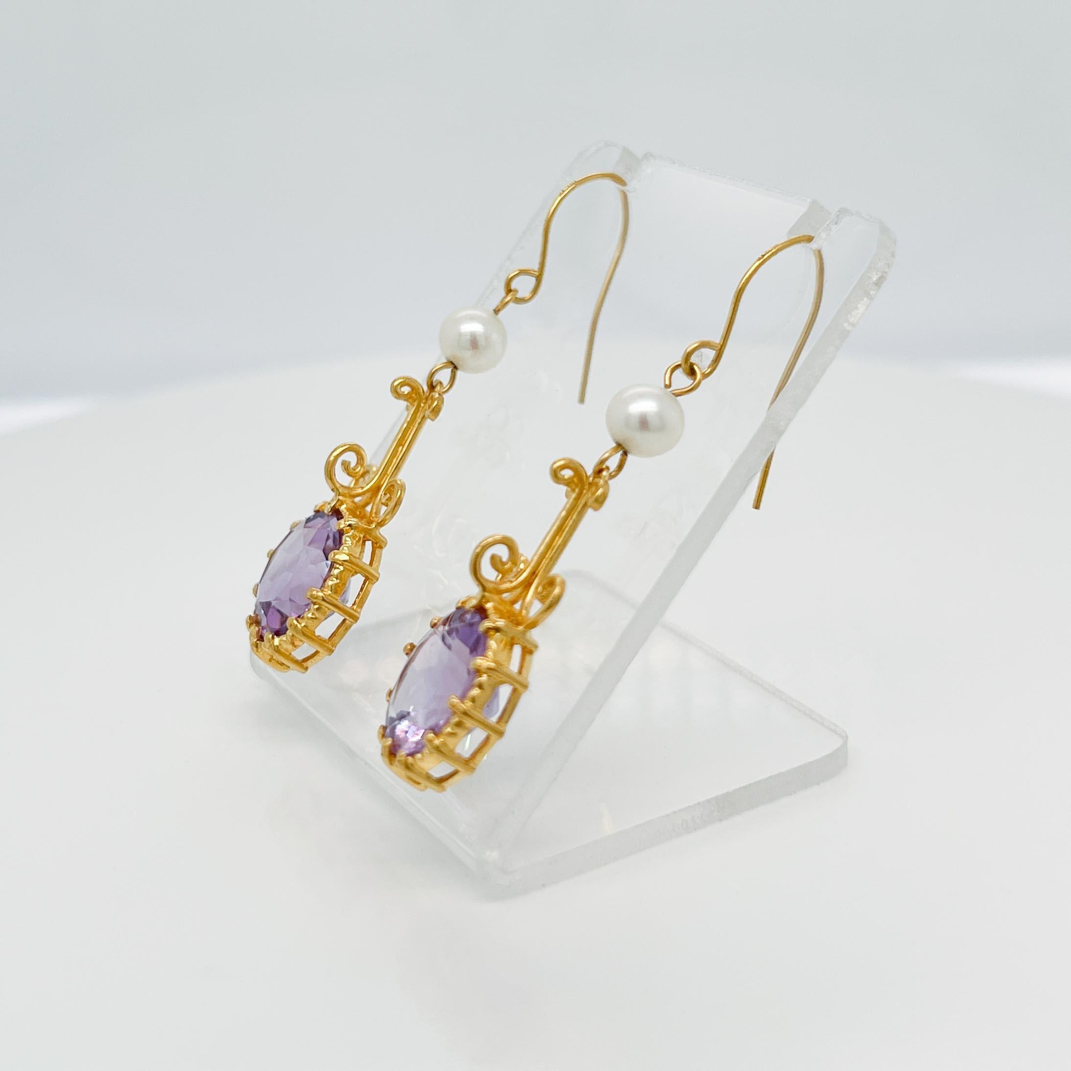 Round Cut Metropolitan Museum of Art MMA Etruscan Revival 14k, Amethyst, & Pearl Earrings For Sale