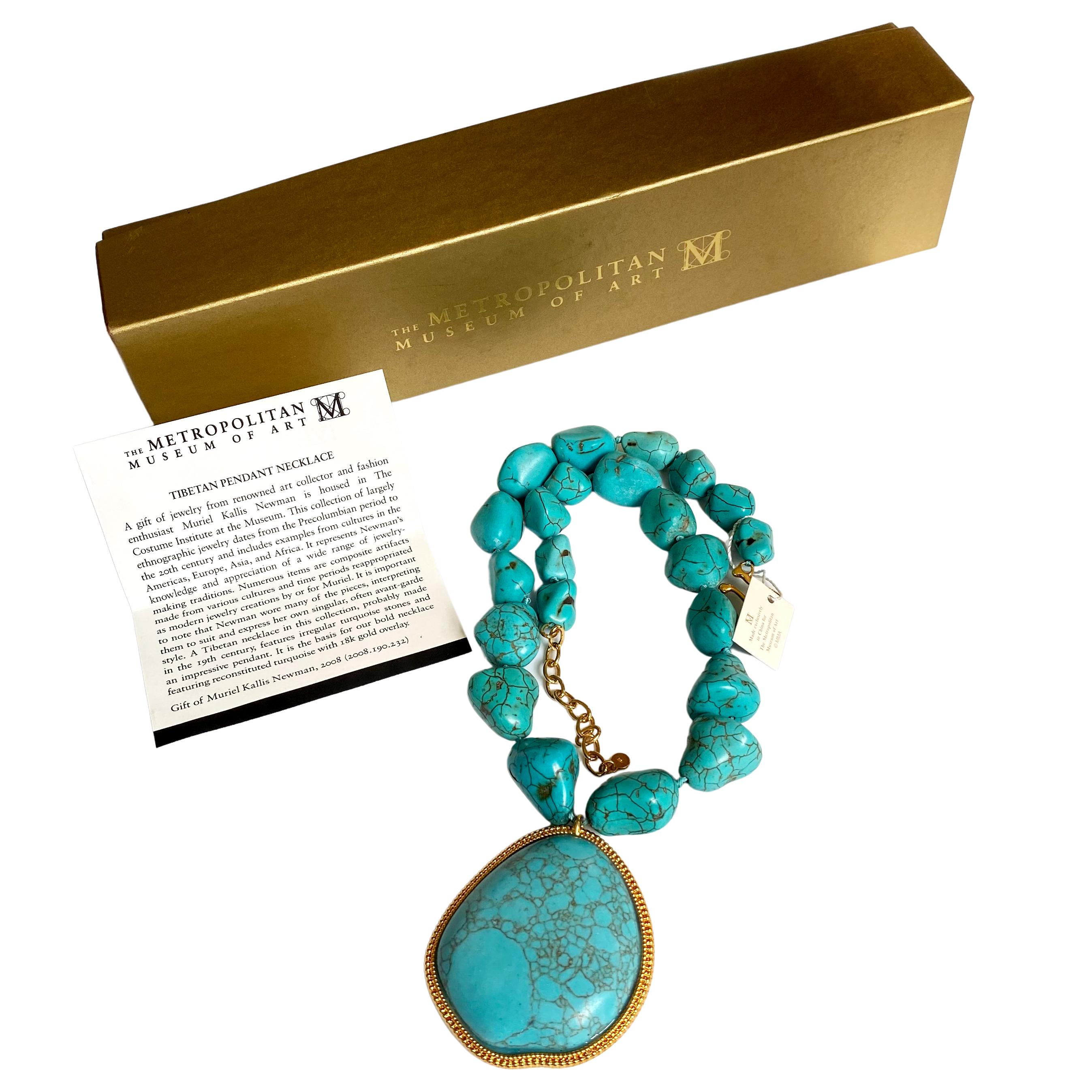 From the Metropolitan Museum of Art collection. 
Photos are taken of the actual item - see its unique spiderweb.
Made with reconstituted turquoise and 18K gold overlay.
Model is wearing the necklace with links hooked at mid-length - meaning it can
