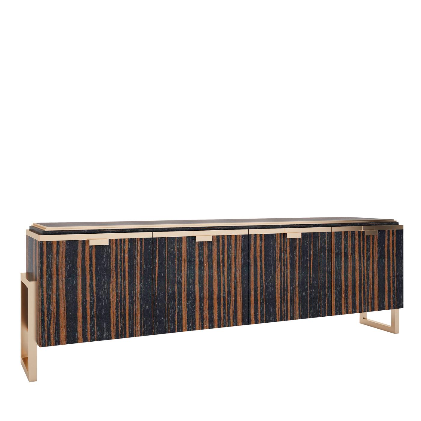 Sustained by two square metal frames with a bright brass finish, this exclusive wooden sideboard boasts four vertically carved doors and a dark brown-lacquered top embellished with a brass-finished metal frame. The same brass finish adorns the front