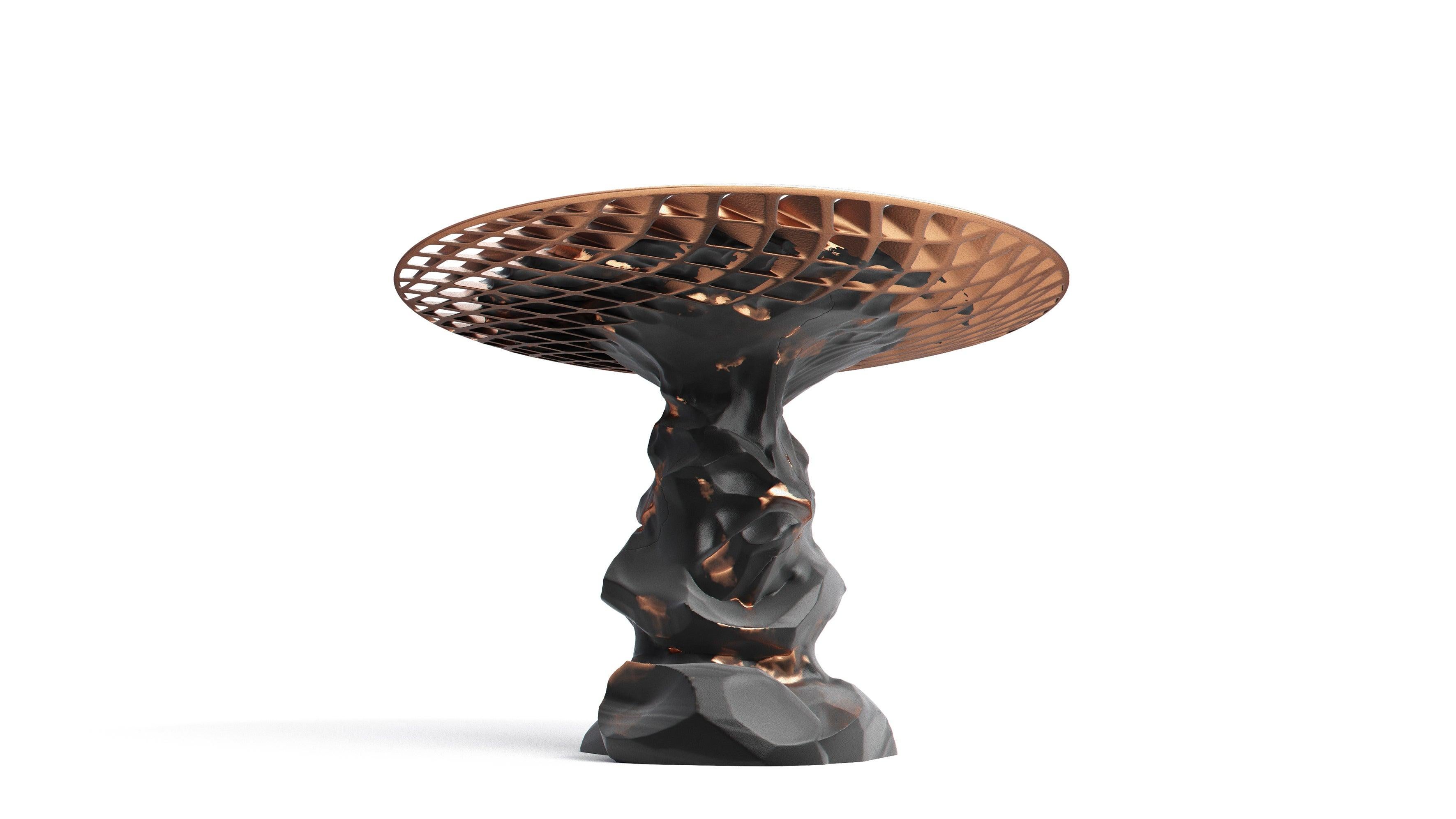 The Metsidian shelf and Metsidian side table are dynamic works that represent a moment in time, an eruption that melds two divergent materials together. The Prehistoric evolves into the futuristic as organic volcanic Obsidian transforms into clean,
