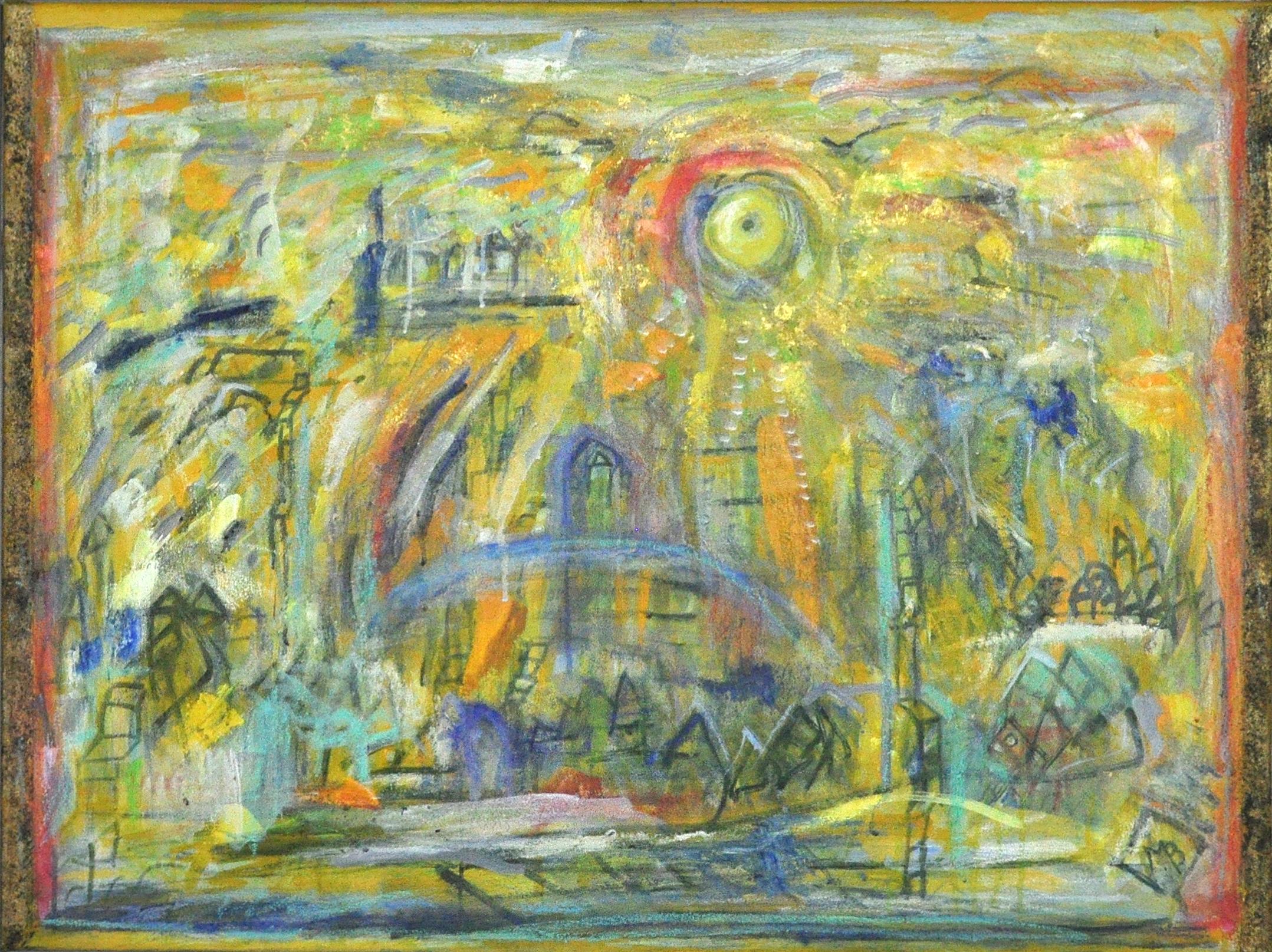 Contemporary danish painting, oil on canvas.
Title: "A City with Sun"
H: 62cm, W: 82cm. Signed, 2005.

Nature is often the starting point for the painter and weaver Mette Birckner, but going to explore the pictures, there are many stories stored.