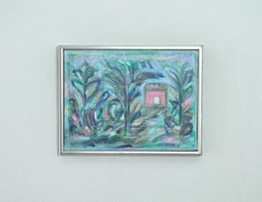 Contemporary Danish painting "Garden with red House" by Mette Birckner, 2018