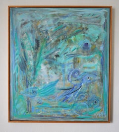 "Turquoise symphony with birds", Danish contemporary painting by Mette Birckner