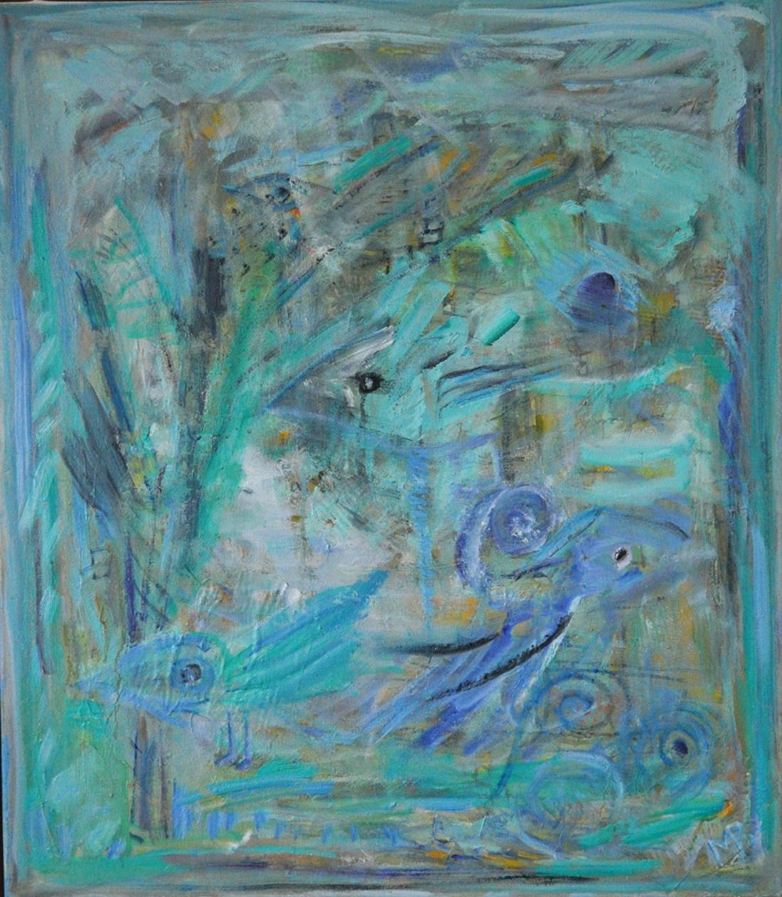 Contemporary danish painting, oil on canvas.
Amazing colours and composition. 
Title: "Turquoise symphony with birds"

H: 70cm, W: 80cm. Signed, 2017


Nature is often the starting point for the painter and weaver Mette Birckner, but going to
