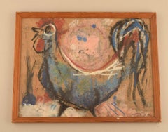 Mette Doller, Danish Artist, Mixed Media on Paper, Rooster, Dated 1959