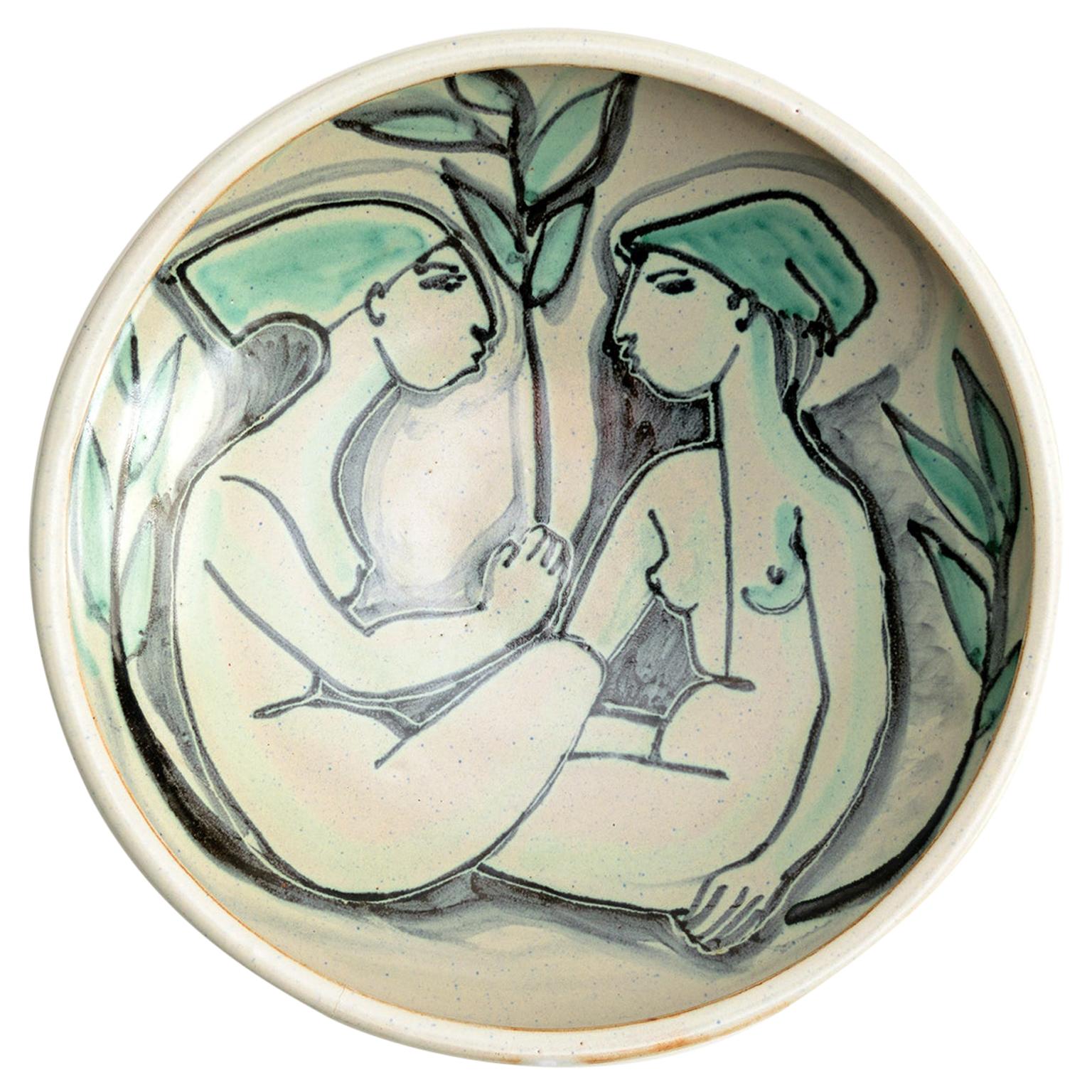 Mette Doller Designed Bowl with Seated Women, Höganäs Keramik, Sweden, 1950's For Sale