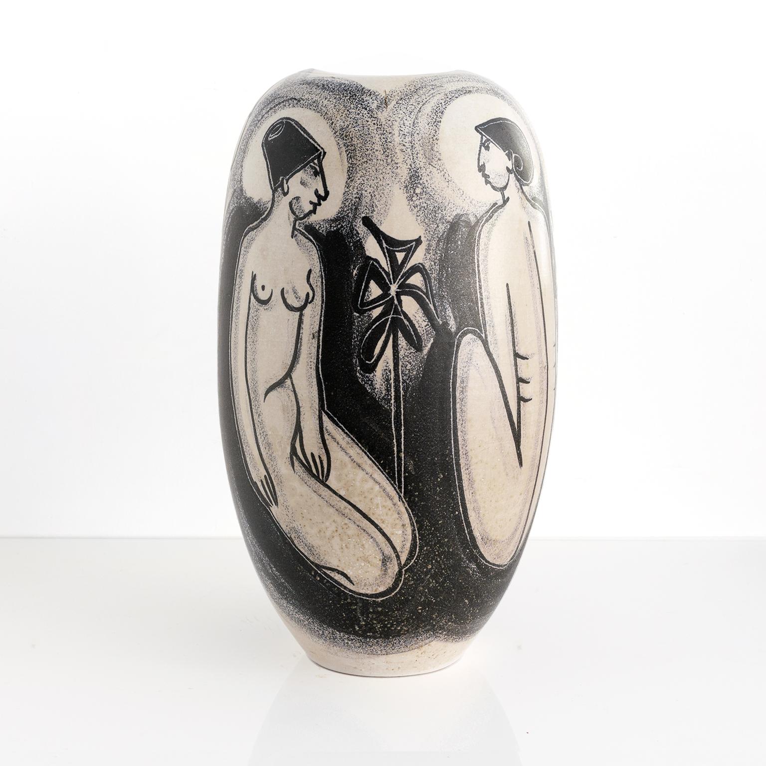 Hand-Painted Mette Doller Hand Decorated Scandinavian Modern Vase with Seated Women 1950's For Sale