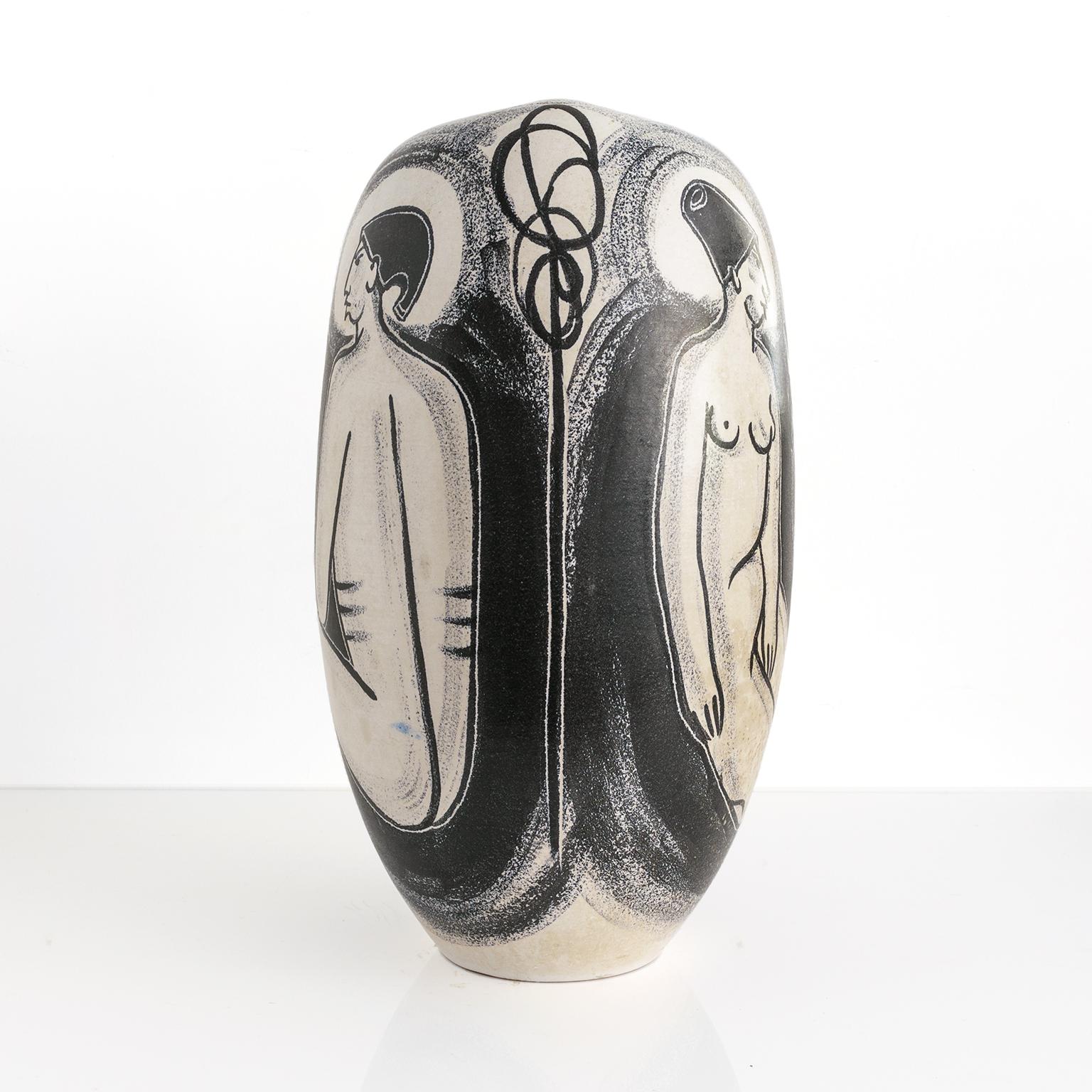 Mette Doller Hand Decorated Scandinavian Modern Vase with Seated Women 1950's In Good Condition For Sale In New York, NY