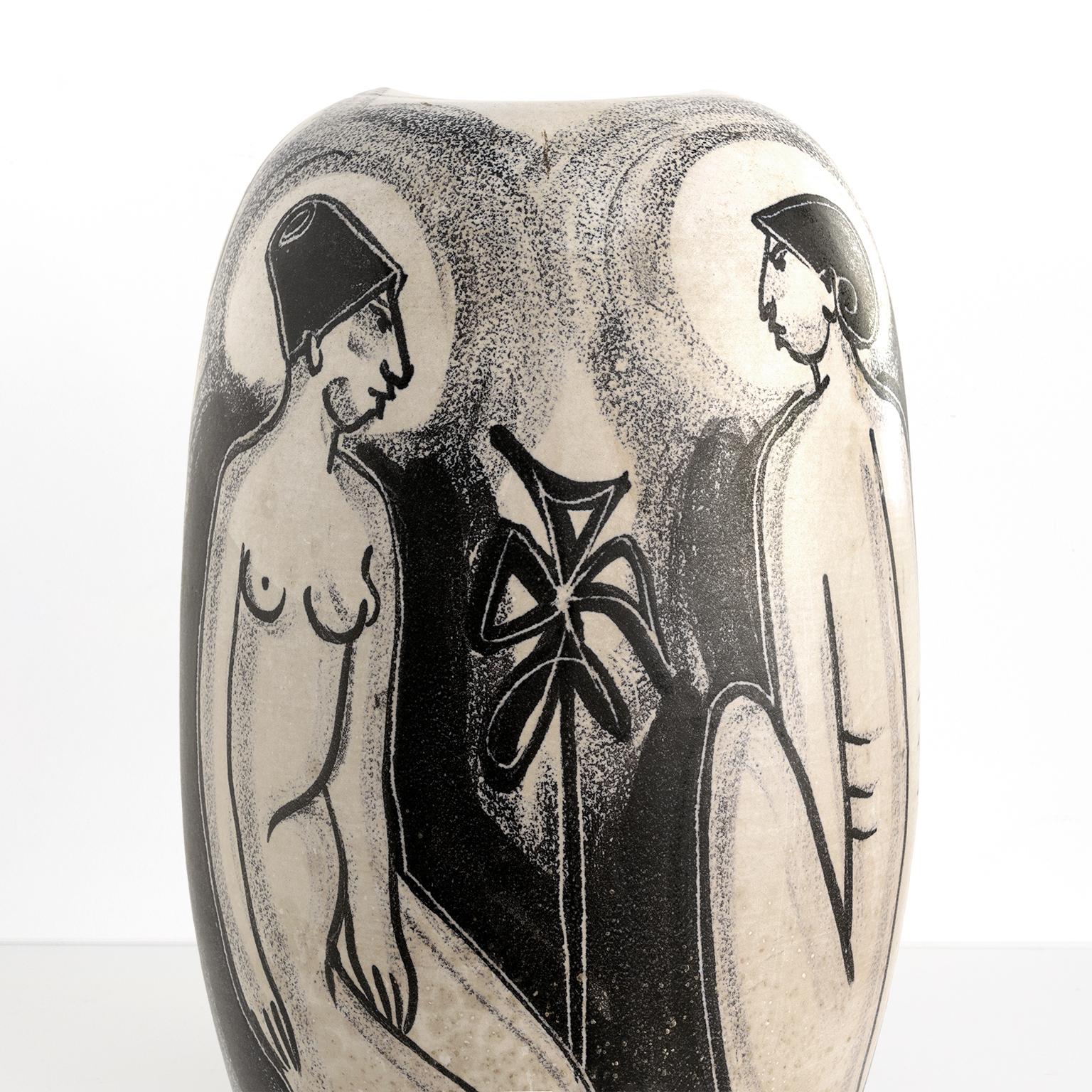 20th Century Mette Doller Hand Decorated Scandinavian Modern Vase with Seated Women 1950's For Sale