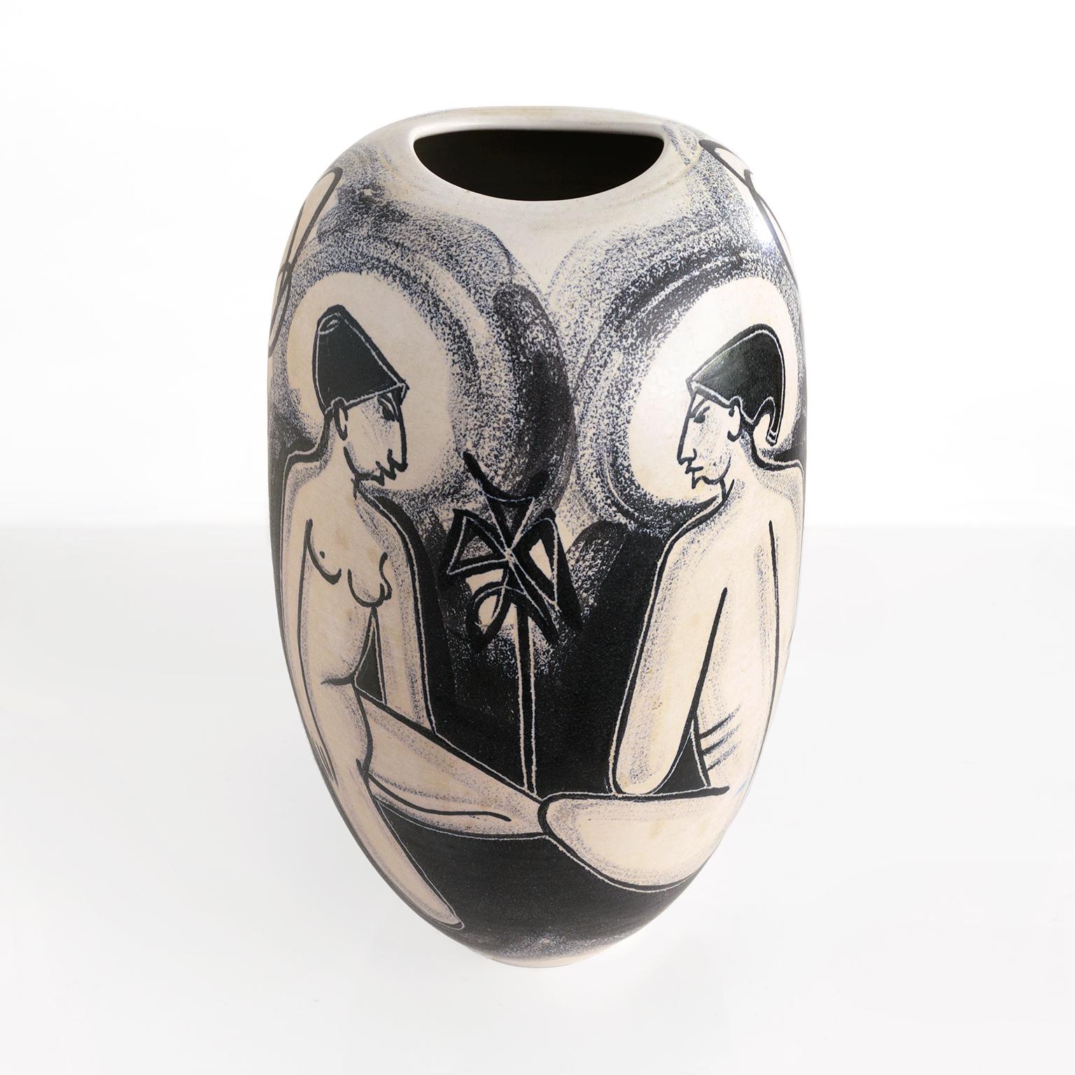 Ceramic Mette Doller Hand Decorated Scandinavian Modern Vase with Seated Women 1950's For Sale