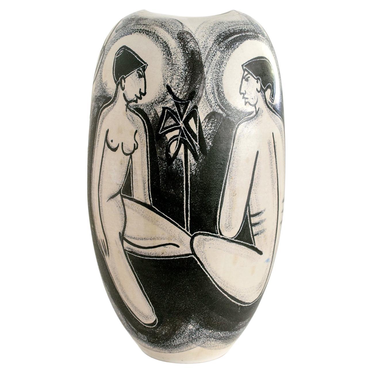 Mette Doller Handdekorierte skandinavische moderne Vase mit sitzenden Frauen 1950er Jahre