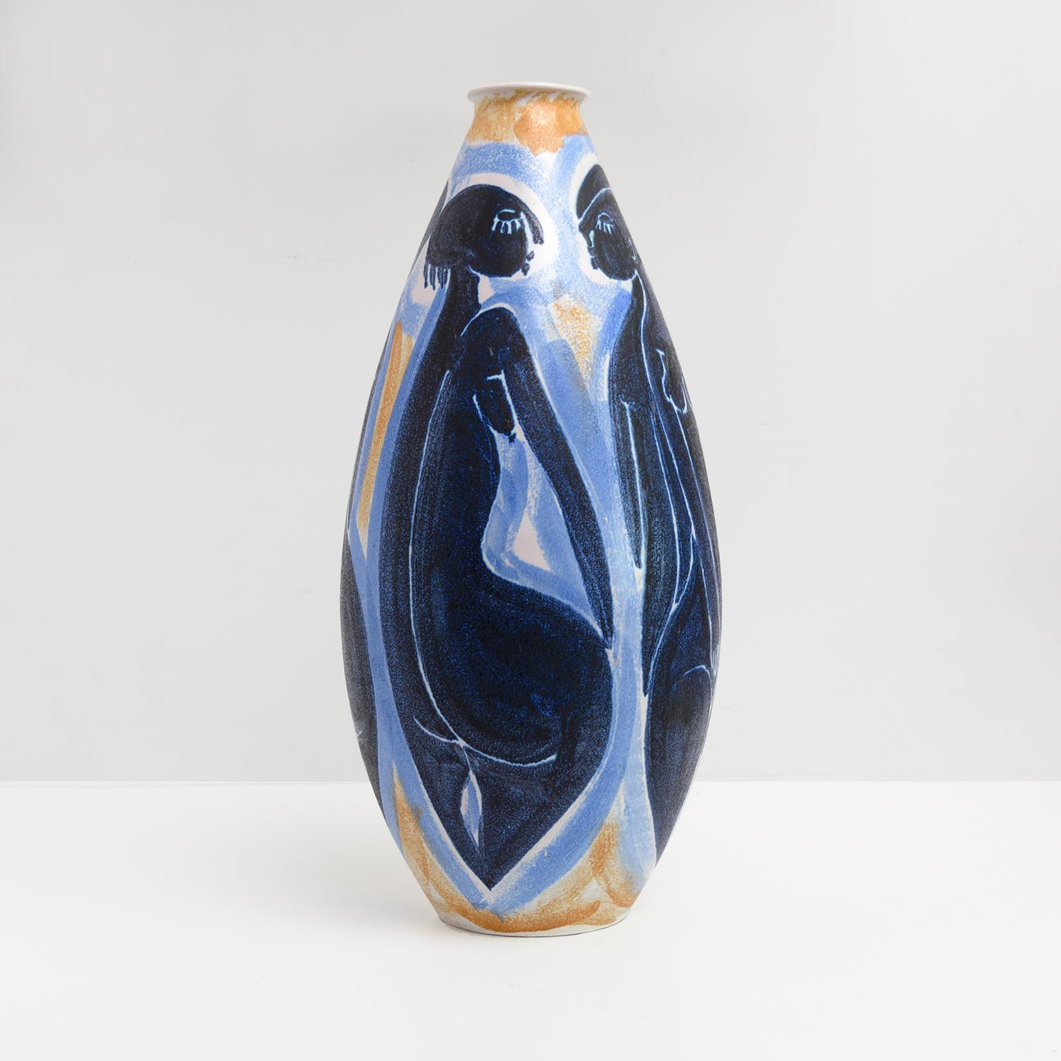 Large Scandinavian modern ceramic vase hand decorated by artist Mette Doller. The Mette Doller and form designed by Ivar Ericsson for Hoganas, Sweden.

Height: 20.5” Diameter 9.5”
