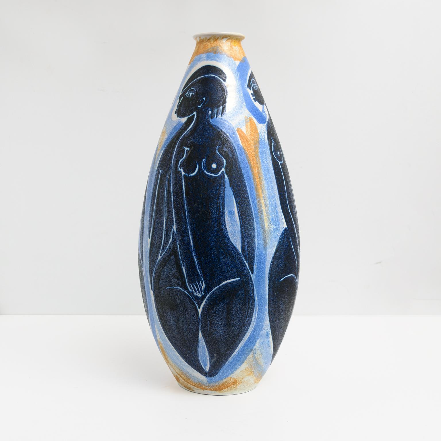 Scandinavian Modern Mette Doller Large Hand Decorated Vase with 3 women for Hoganas, Sweden For Sale