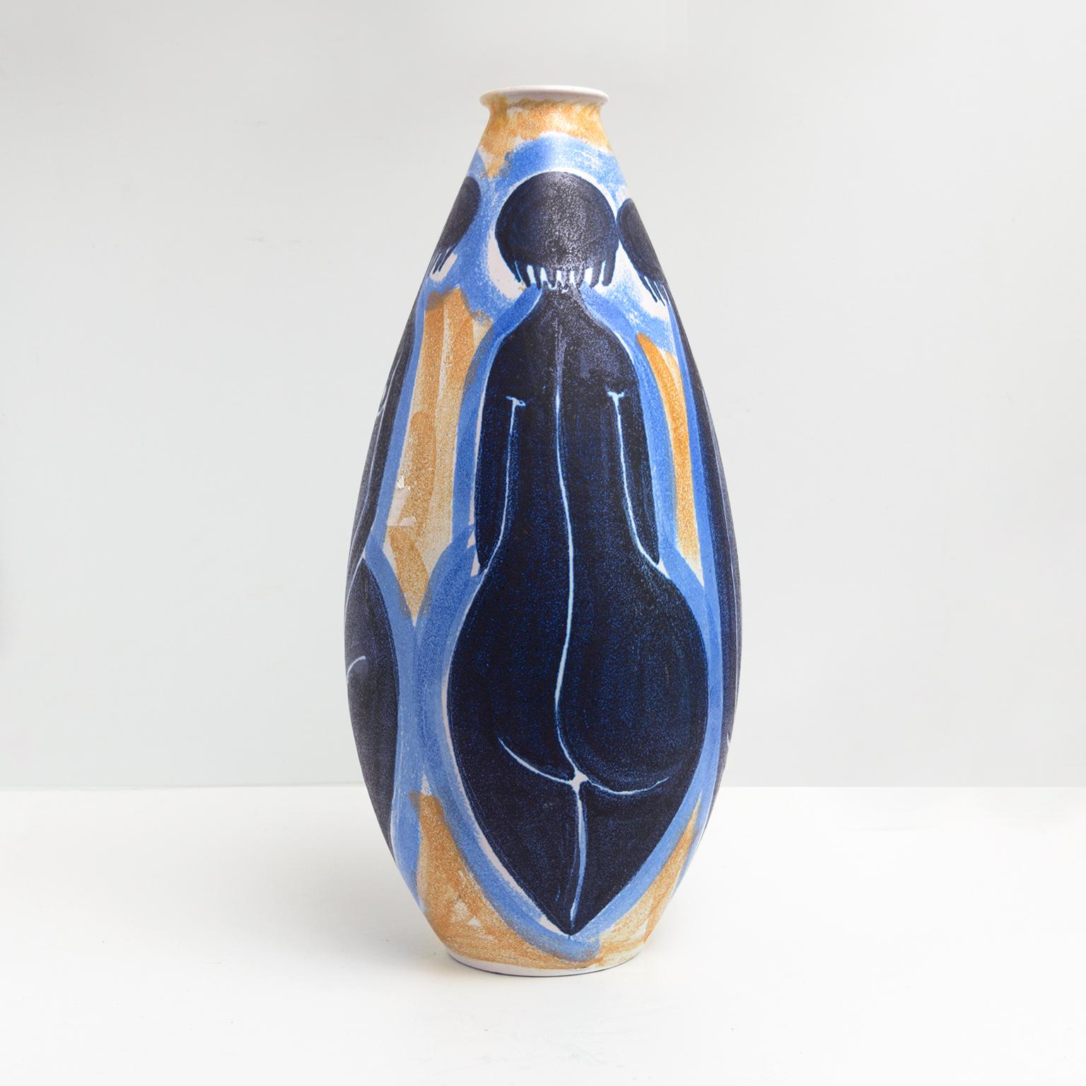 Swedish Mette Doller Large Hand Decorated Vase with 3 women for Hoganas, Sweden For Sale