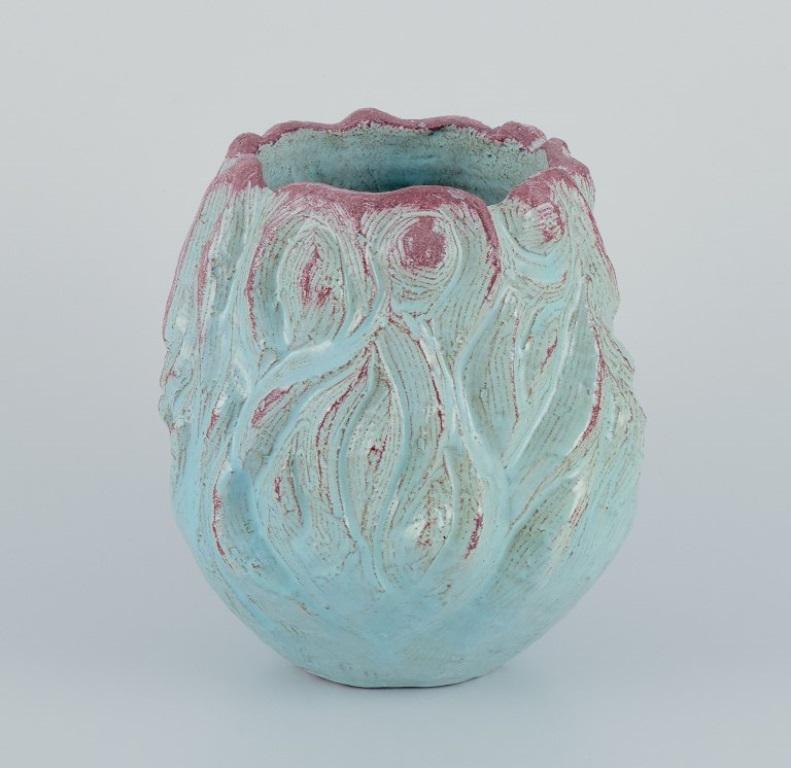 Danish Mette Doller, Svaneke, Denmark. Unique ceramic vase with turquoise glaze.  For Sale