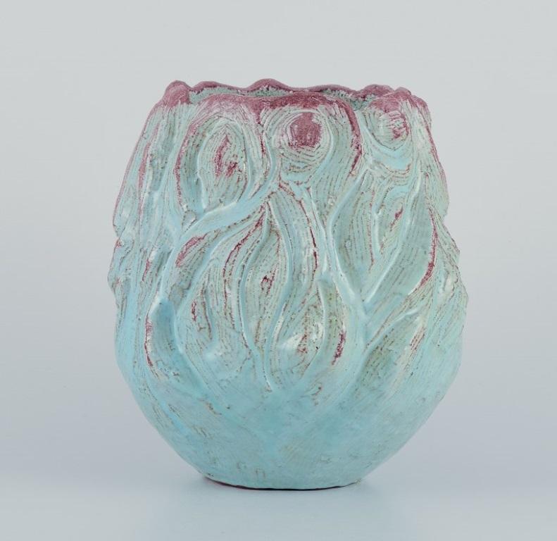 Glazed Mette Doller, Svaneke, Denmark. Unique ceramic vase with turquoise glaze.  For Sale