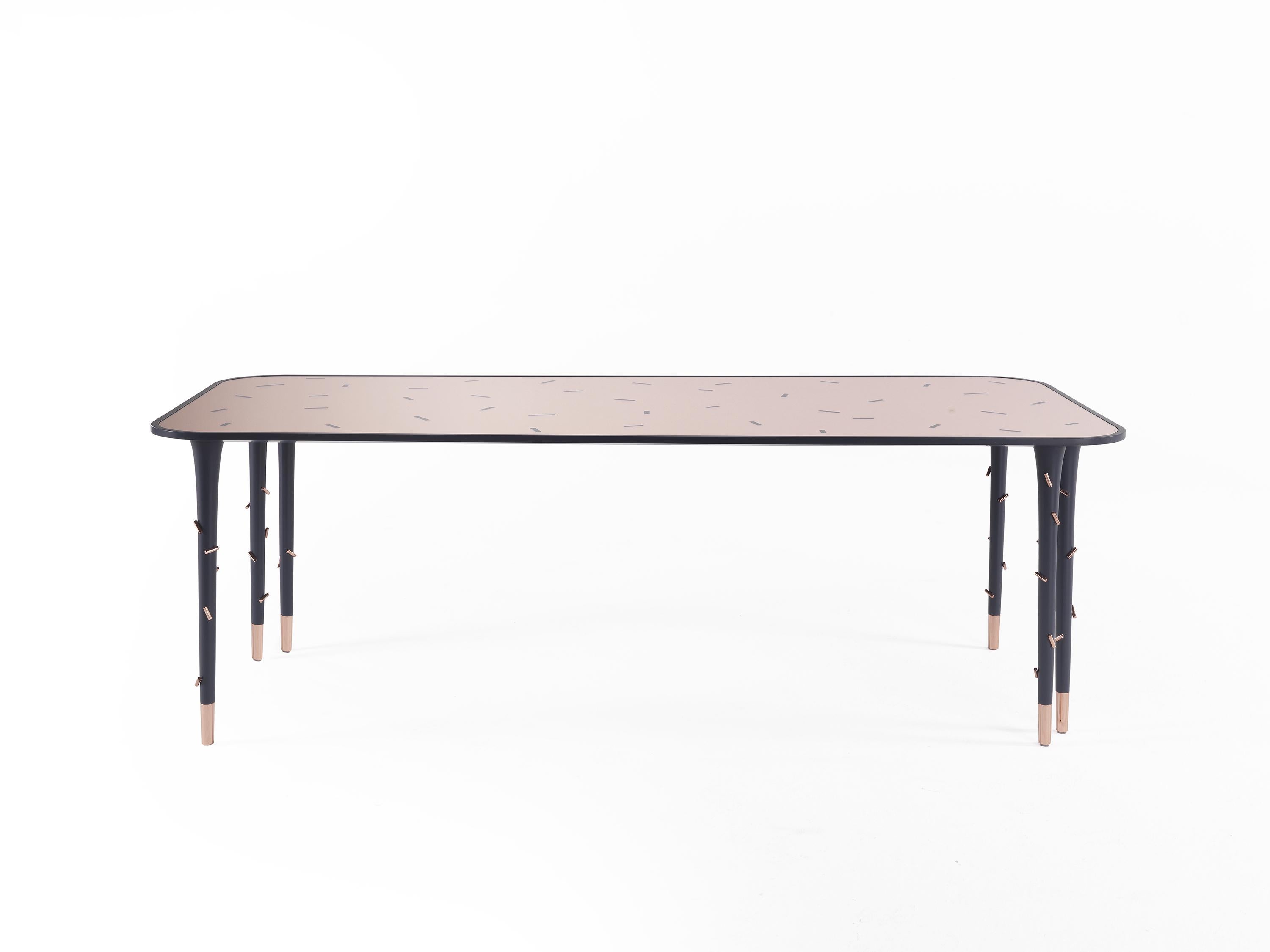 Mettic dining table by Matteo Cibic
Materials: Lacquered wood structure, cylindric applications in metal with polished copper finish, top surface in decorated copper mirror
Dimensions: 70cm x 210cm x 89cm

PLEASE READ CAREFULLY THE UNPACKING AND