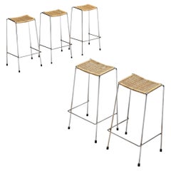 Metz & Co Set of Five Bar Stools in Chrome and Rattan