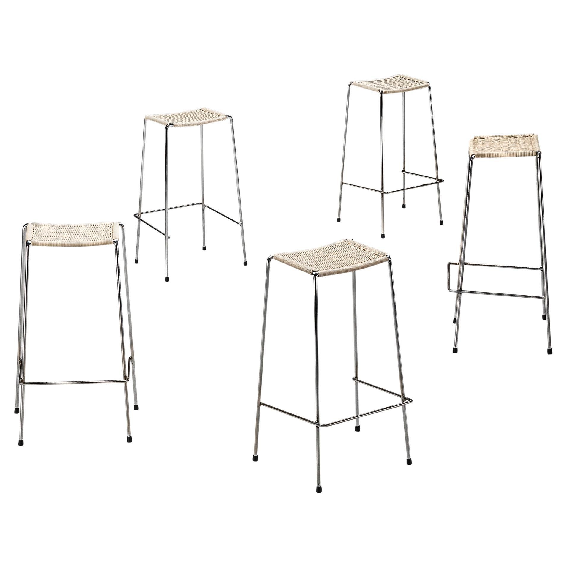 Metz & Co Set of Five Bar Stools with Rattan Seats For Sale