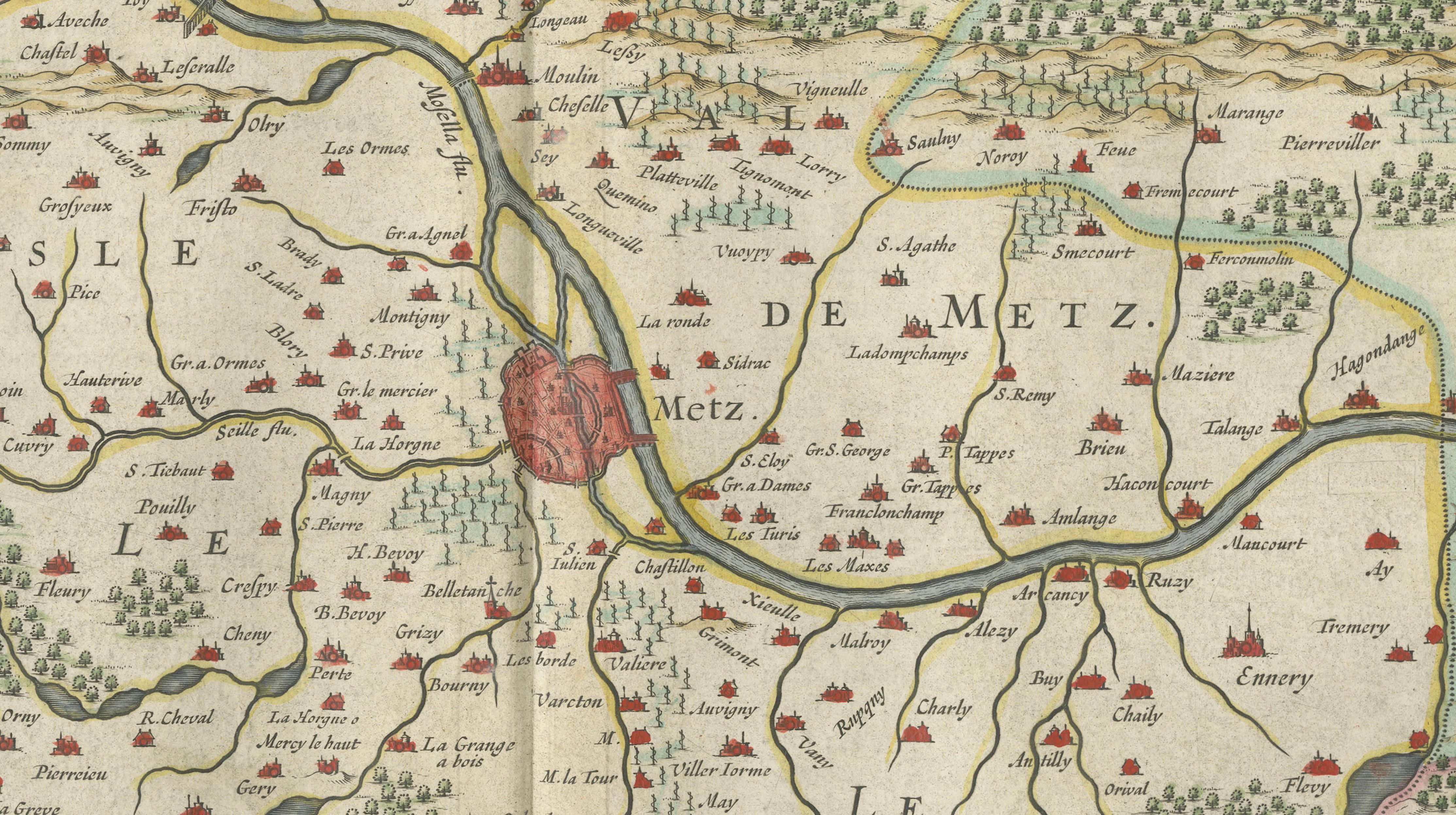 Metz, Lorraine & Verdun Antique Blaeu Atlas Map, France, 1642