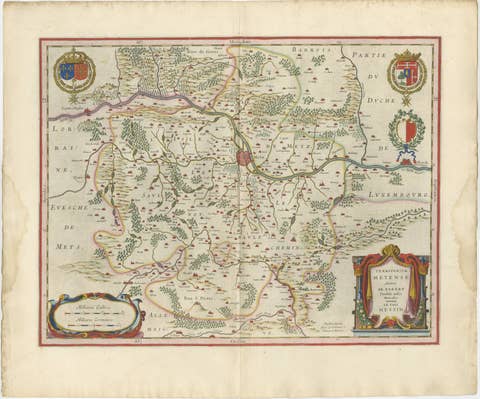 Metz, Lorraine & Verdun Antique Blaeu Atlas Map, France, 1642
