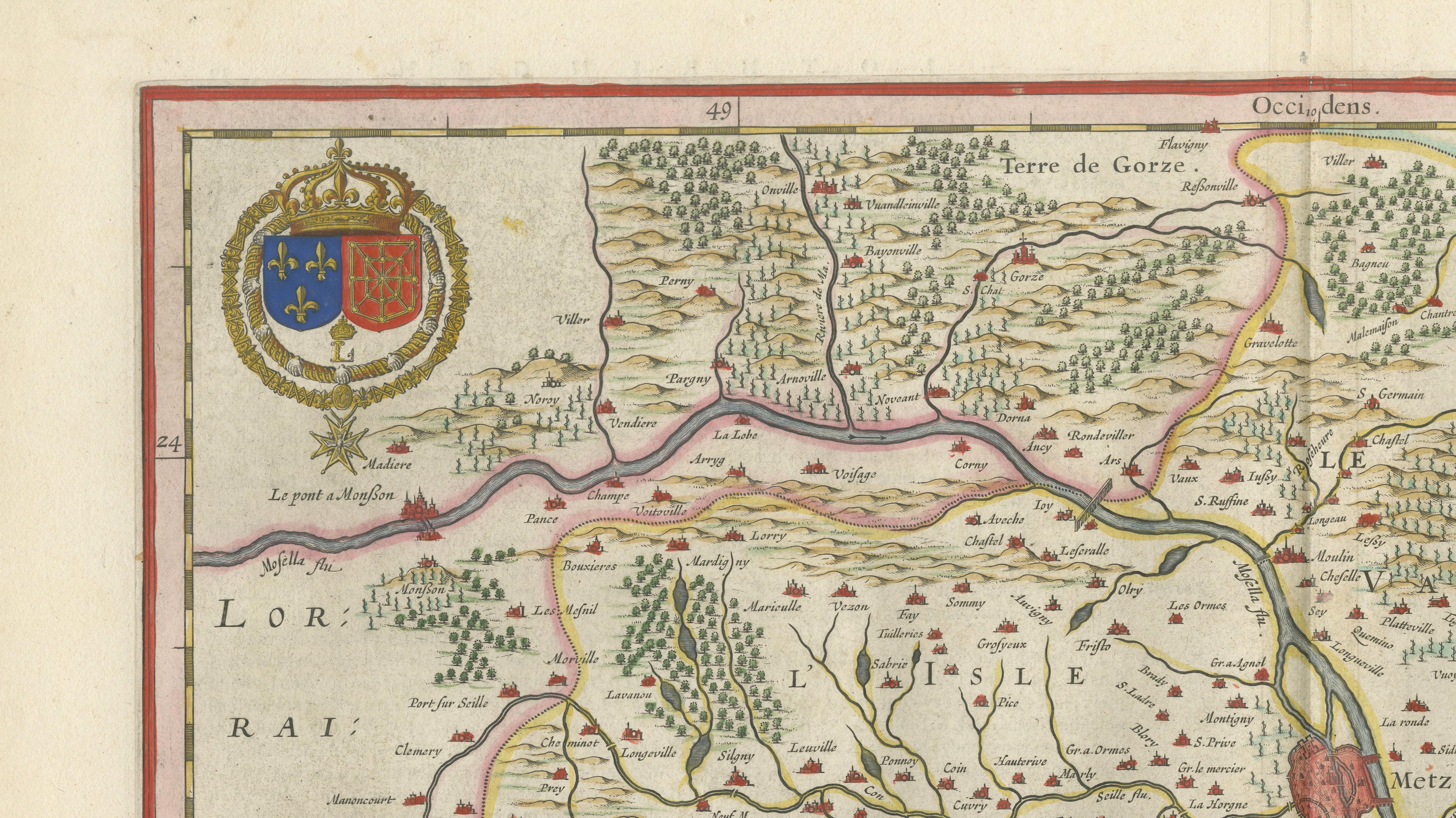 Metz, Lorraine & Verdun Antique Blaeu Atlas Map, France, 1642