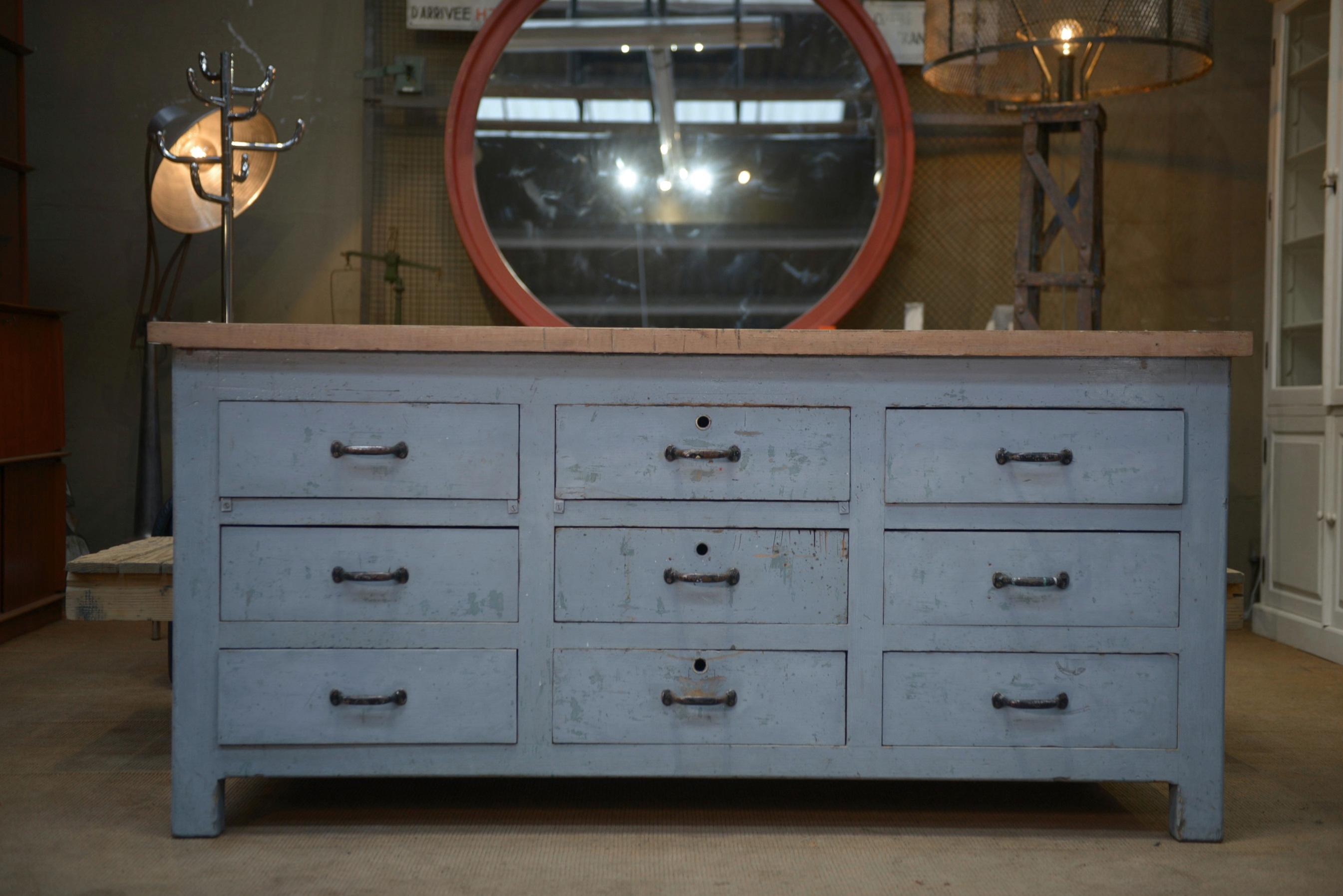 Meuble de métier à 9 tiroirs patiné gris d'origine 1950 en vente 5