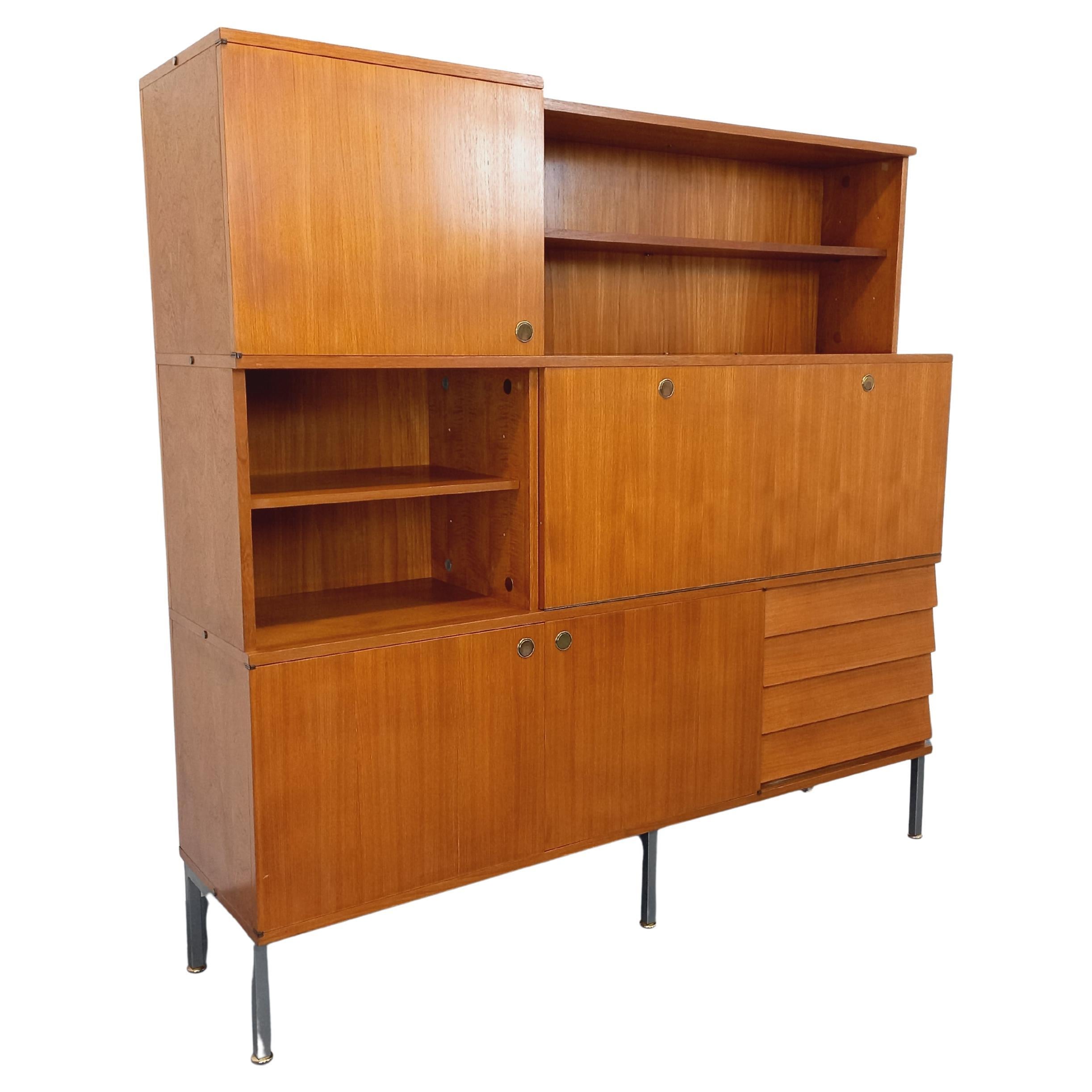 Meuble de rangement bibliothèque secrétaire vintage de Louis Paolozzi en teck