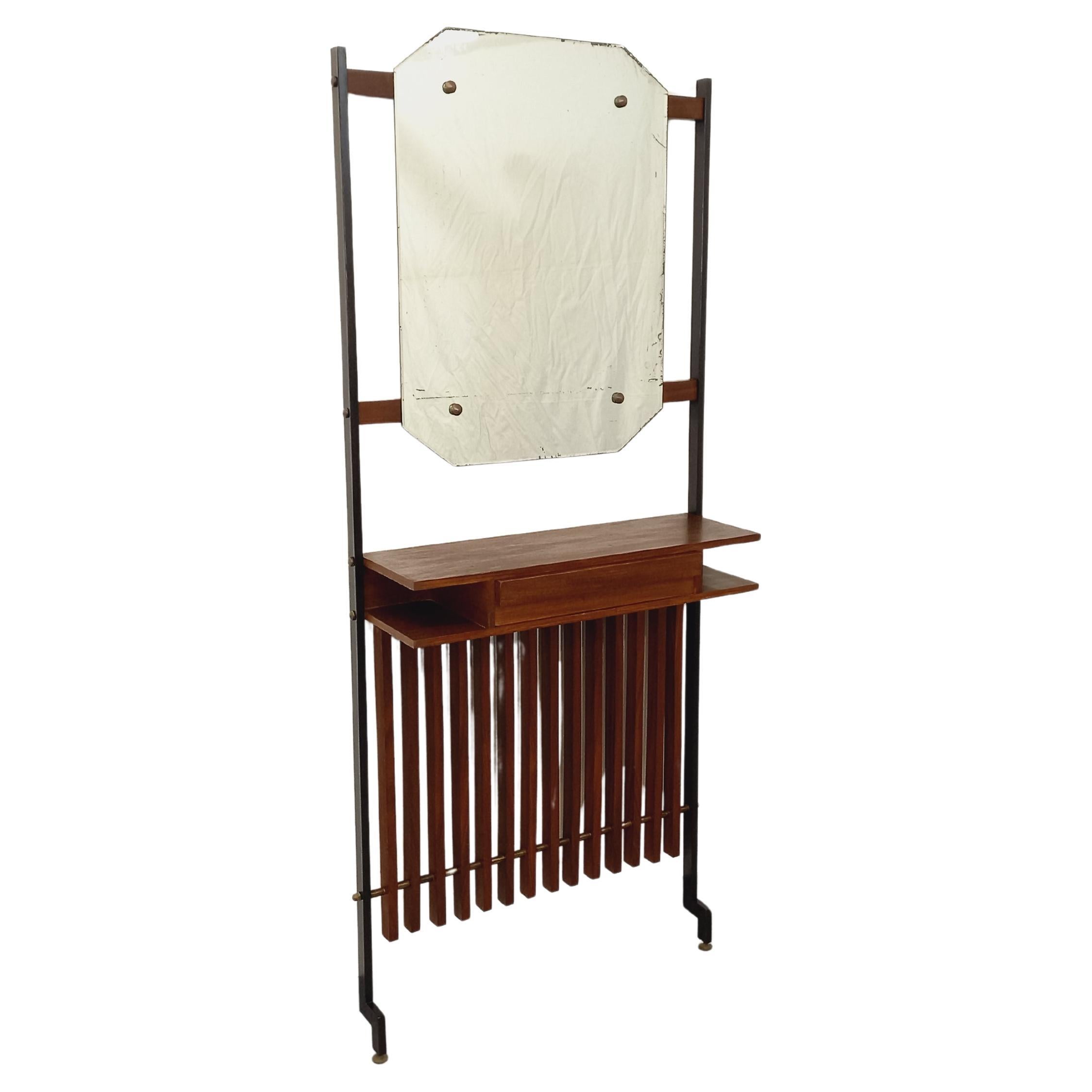 Meuble d'entrée vestiaire italien vintage avec miroir, tablettes et tiroir teck en vente