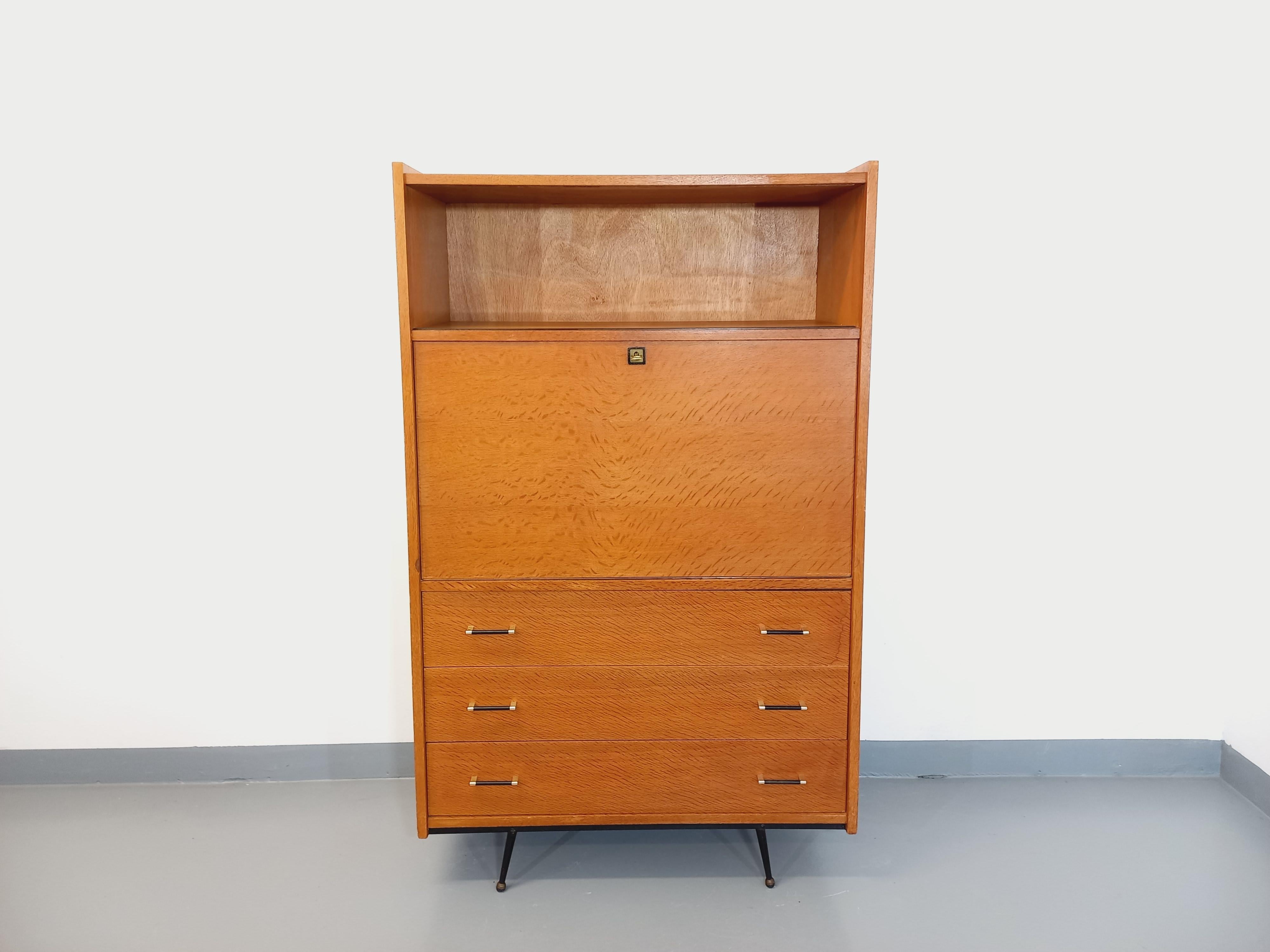 Meuble secrétaire vintage en bois et métal noir des années 50 60 1
