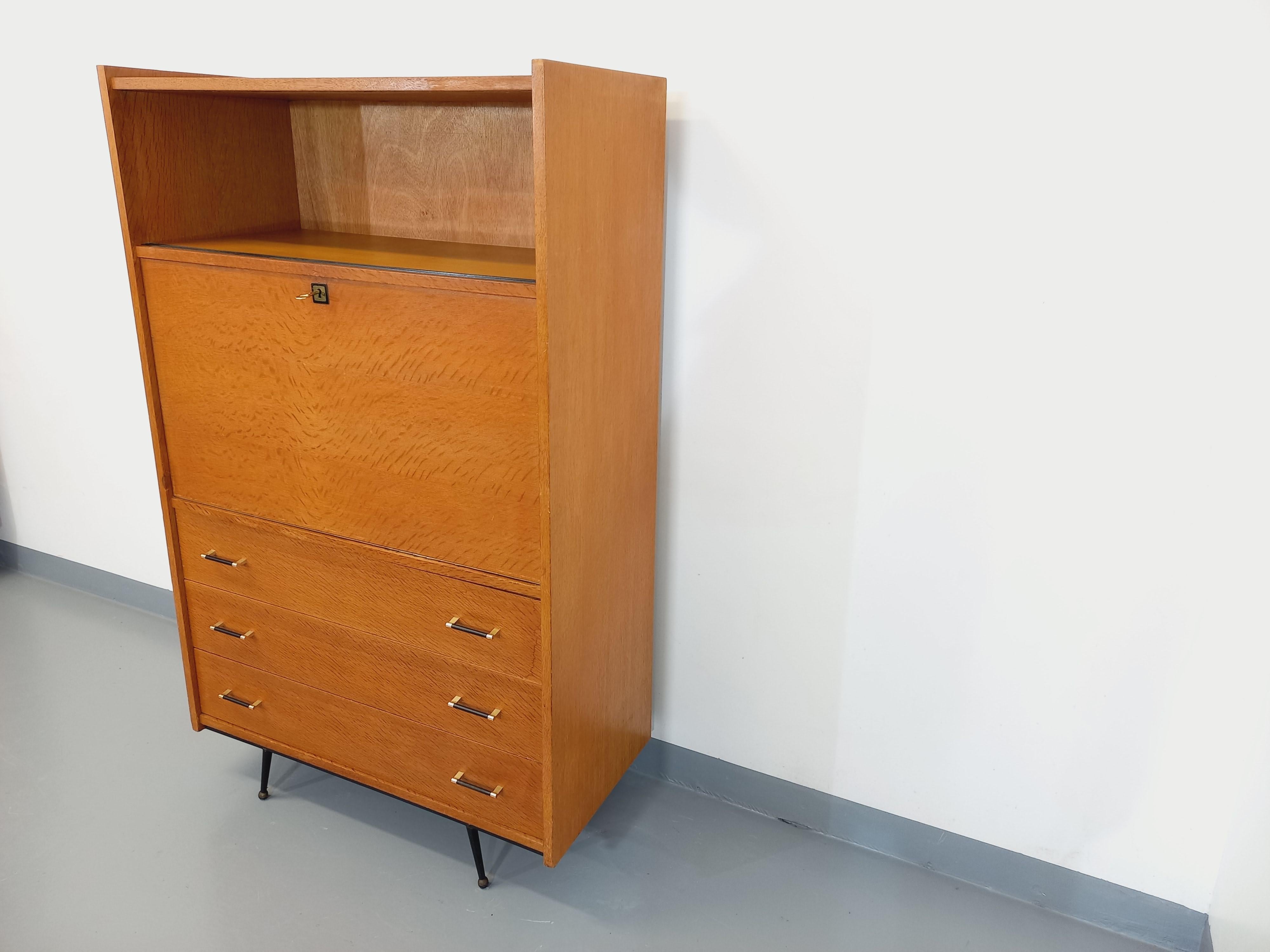 Milieu du XXe siècle Meuble secrétaire vintage en bois et métal noir des années 50 60