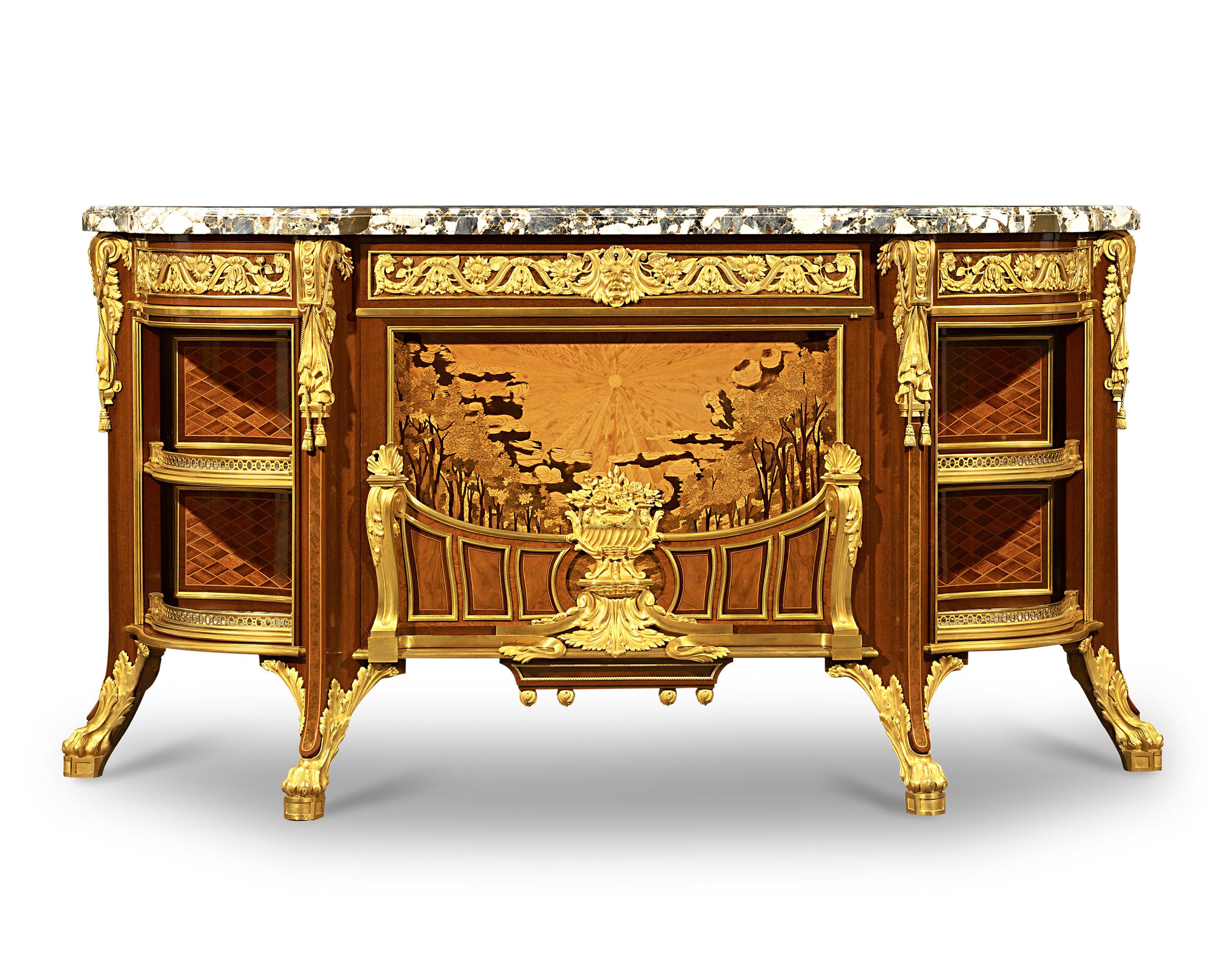 One of only three of its kind, this commode was crafted by the famed and highly celebrated ébéniste François Linke. Blending the stunning marquetry of the Louis XV and XVI styles with the elegance of Art Nouveau, the commode exemplifies Linke's