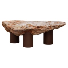 Rough Natural Stone Coffee Table by Frédéric Saulou with Three Brown Steel Legs
