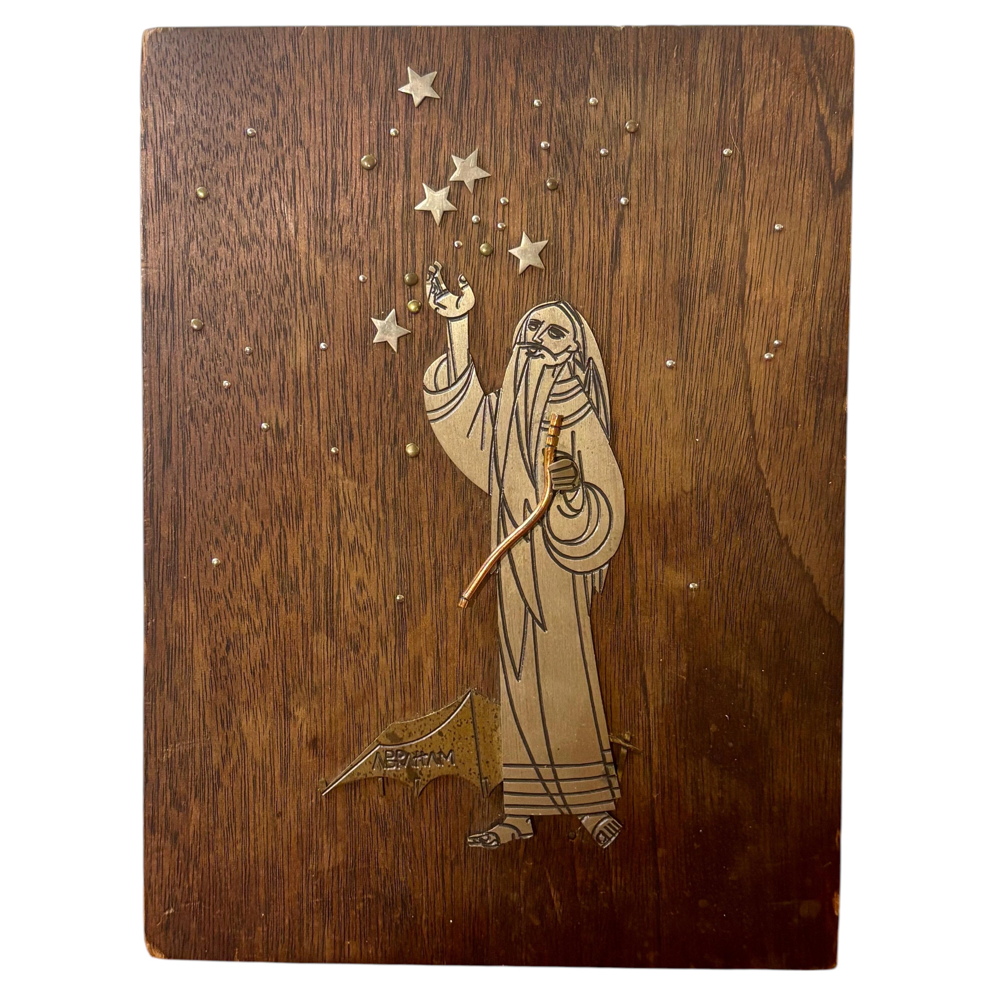 Abraham Wall Plaque, Mid-Century Modern, Mixed Metals on Wood, 1960s For Sale