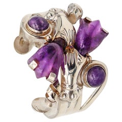 Mexican 1945 Taxco Studio Cuff Bracelet in 925 Sterling Silver Carved Amethysts