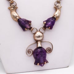 Mexican 1945 Taxco Studio Drop Necklace 925 Sterling Silver with Carved Amethyst
