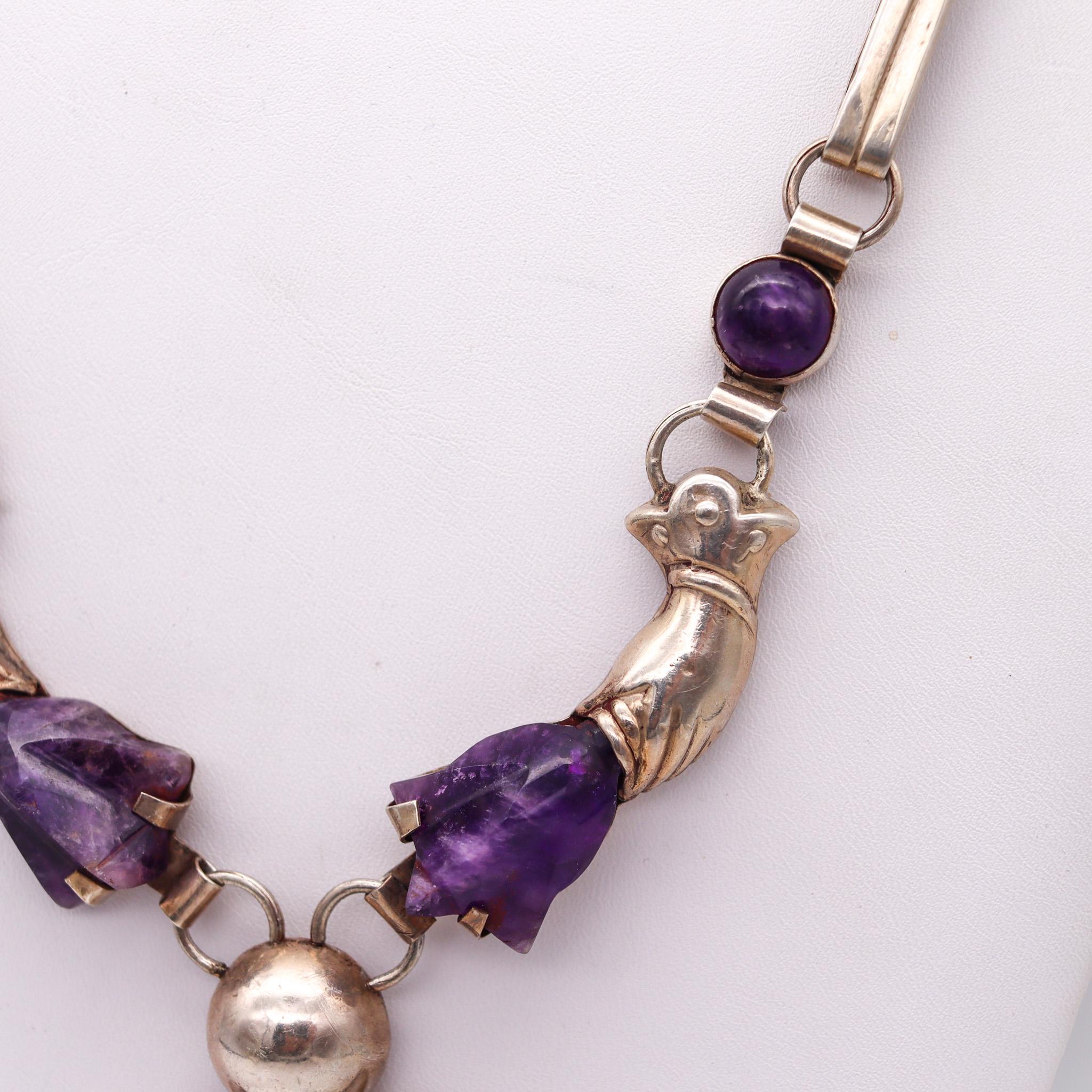 Retro Mexican 1945 Taxco Studio Drop Necklace 925 Sterling Silver with Carved Amethyst For Sale