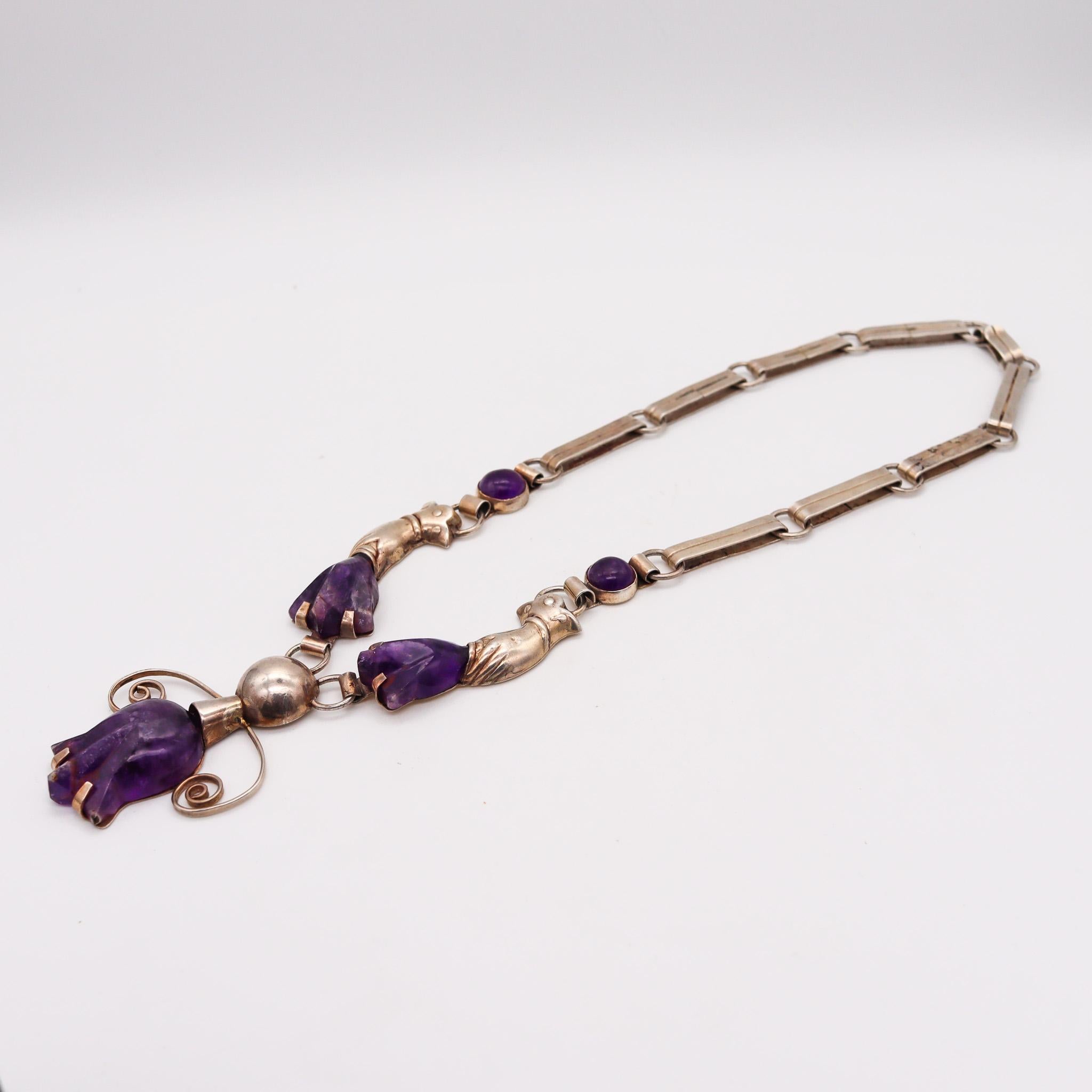 Cabochon Mexican 1945 Taxco Studio Drop Necklace 925 Sterling Silver with Carved Amethyst For Sale