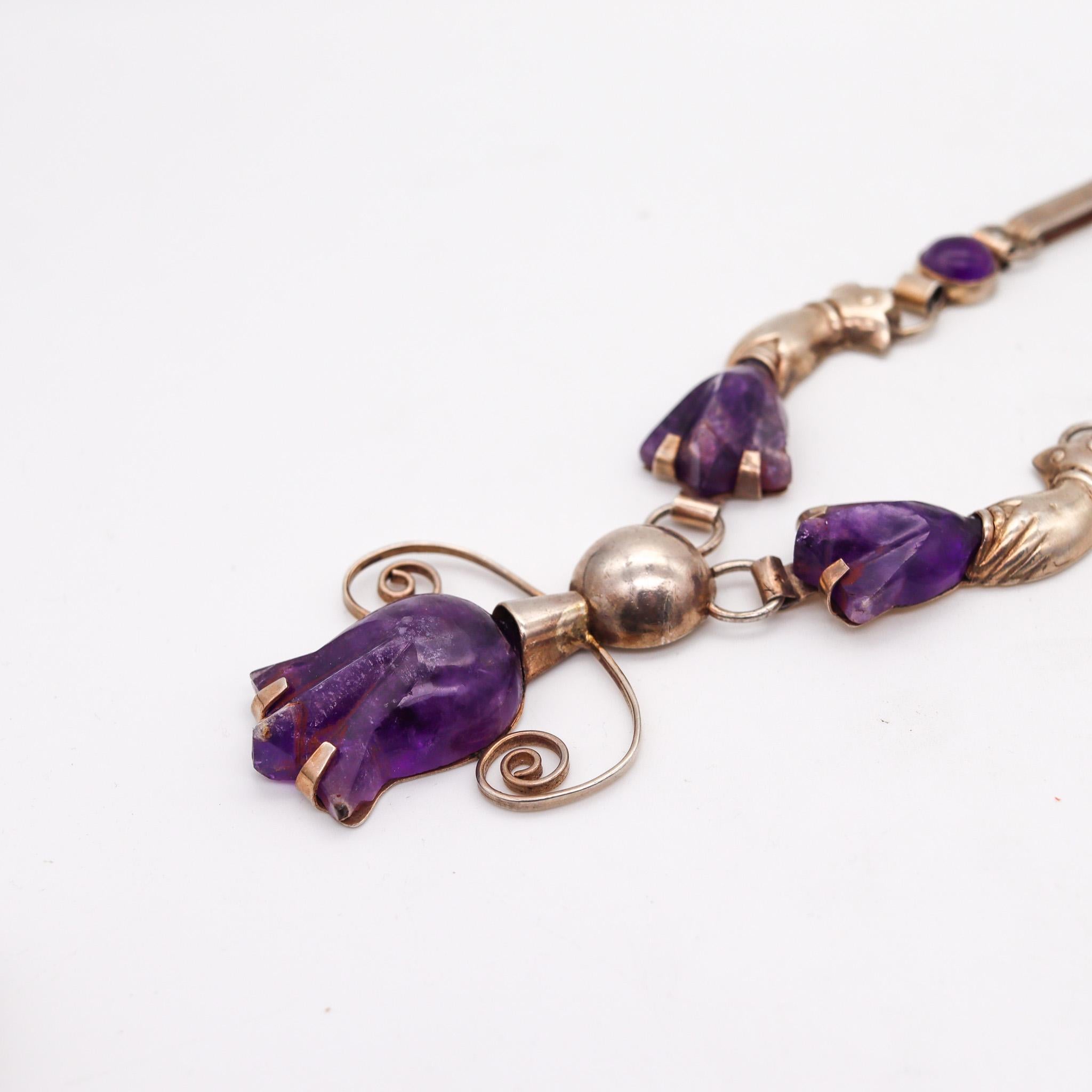 Mexican 1945 Taxco Studio Drop Necklace 925 Sterling Silver with Carved Amethyst In Good Condition For Sale In Miami, FL