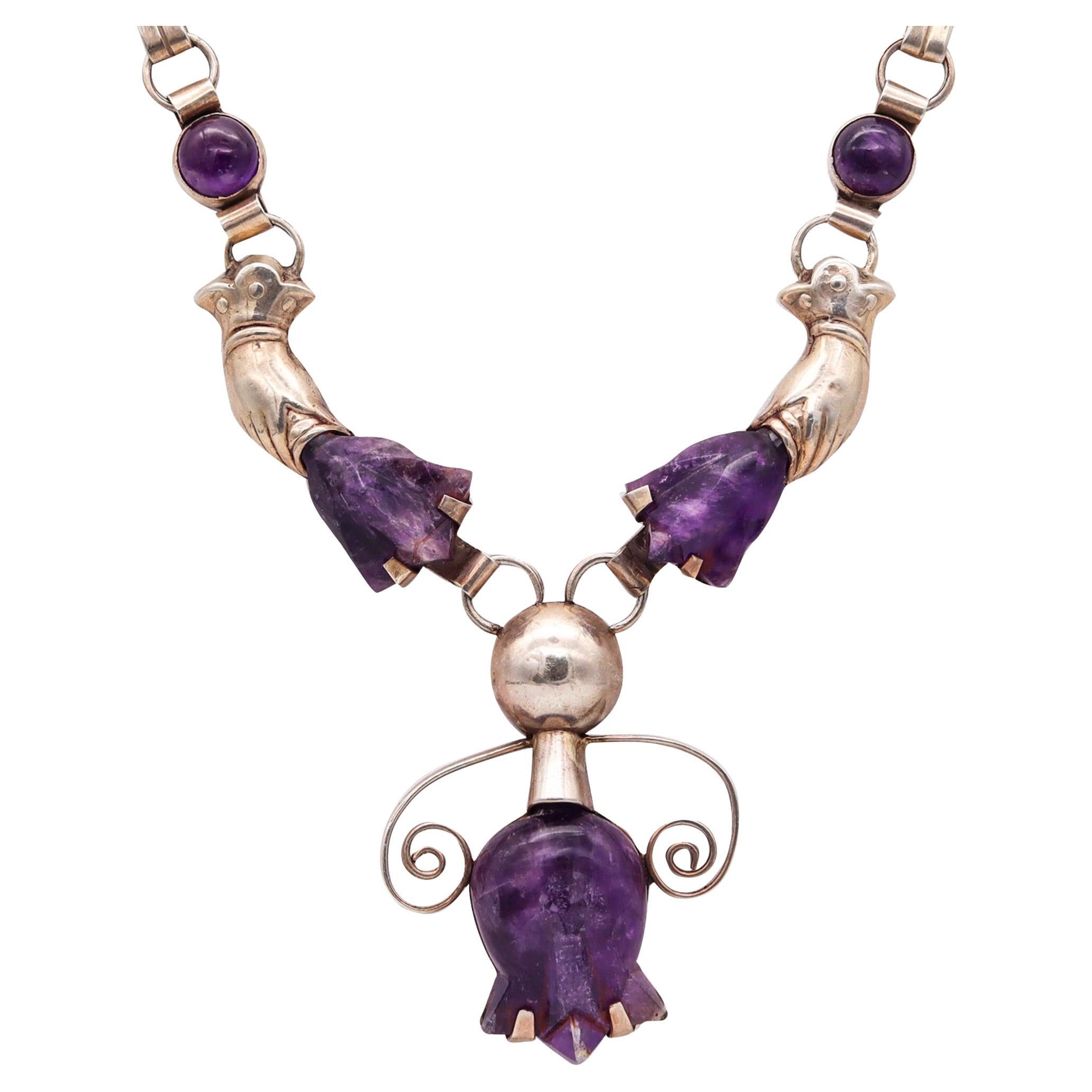 Mexican 1945 Taxco Studio Drop Necklace 925 Sterling Silver with Carved Amethyst For Sale