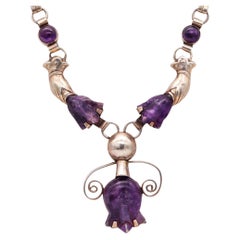 Mexican 1945 Taxco Studio Drop Necklace 925 Sterling Silver with Carved Amethyst