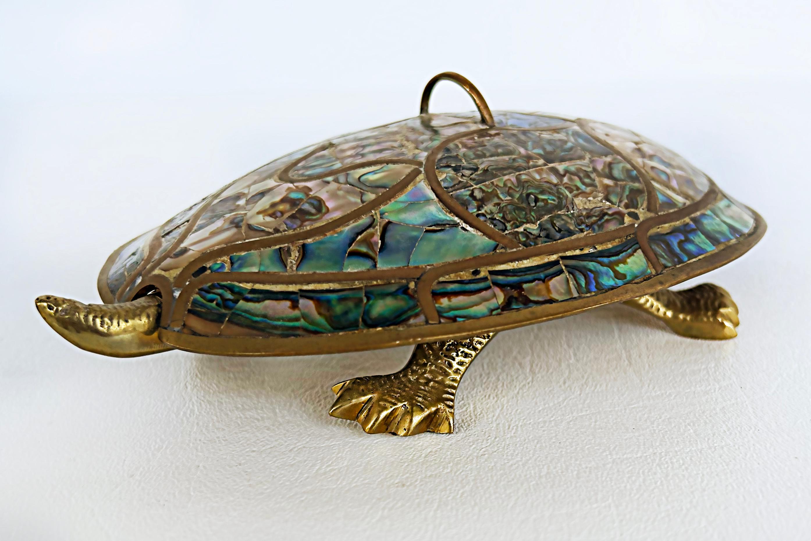 Mid-Century Modern Mexican 1960s Mid-century Abalone Shell Brass Turtle Dish with Cover