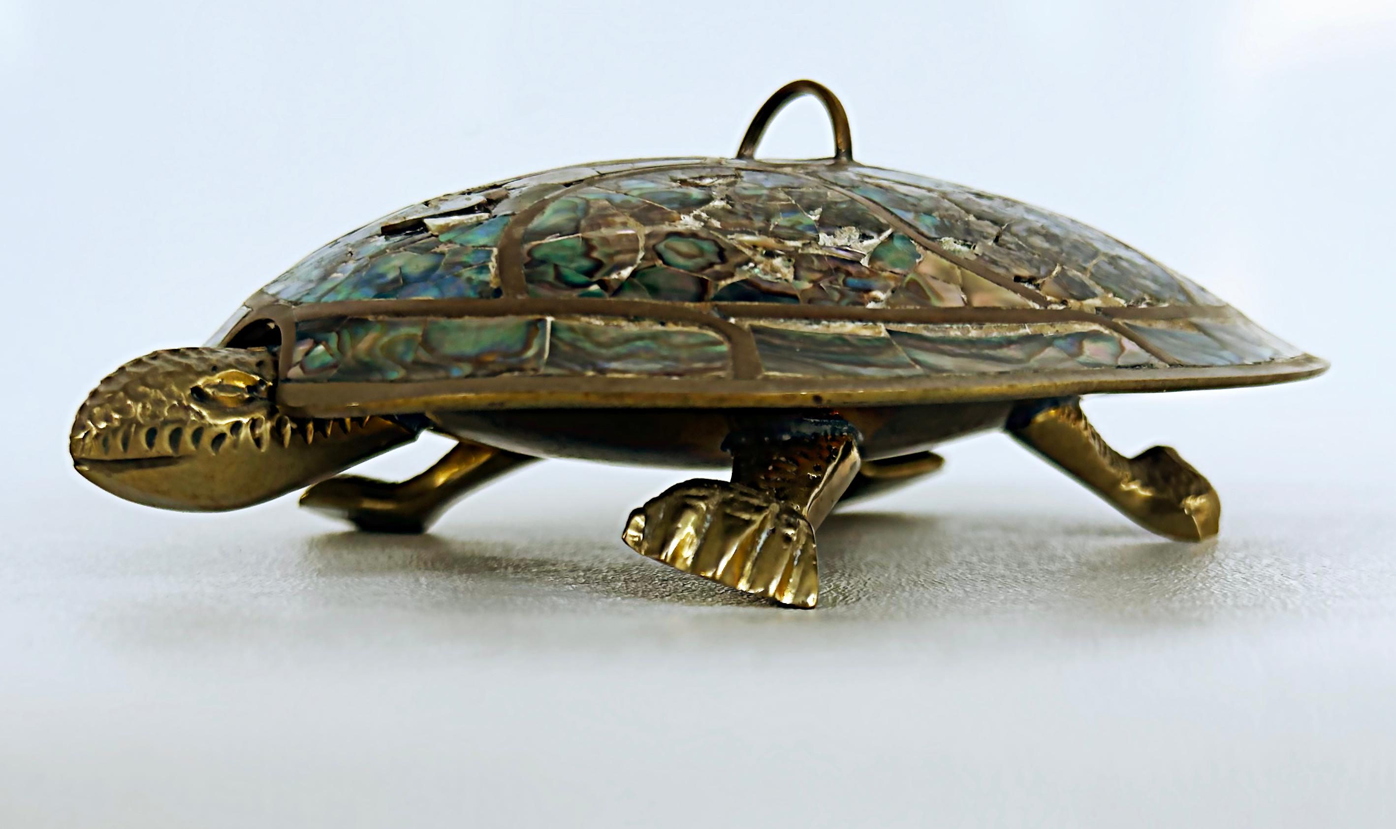 20th Century Mexican 1960s Mid-century Abalone Shell Brass Turtle Dish with Cover