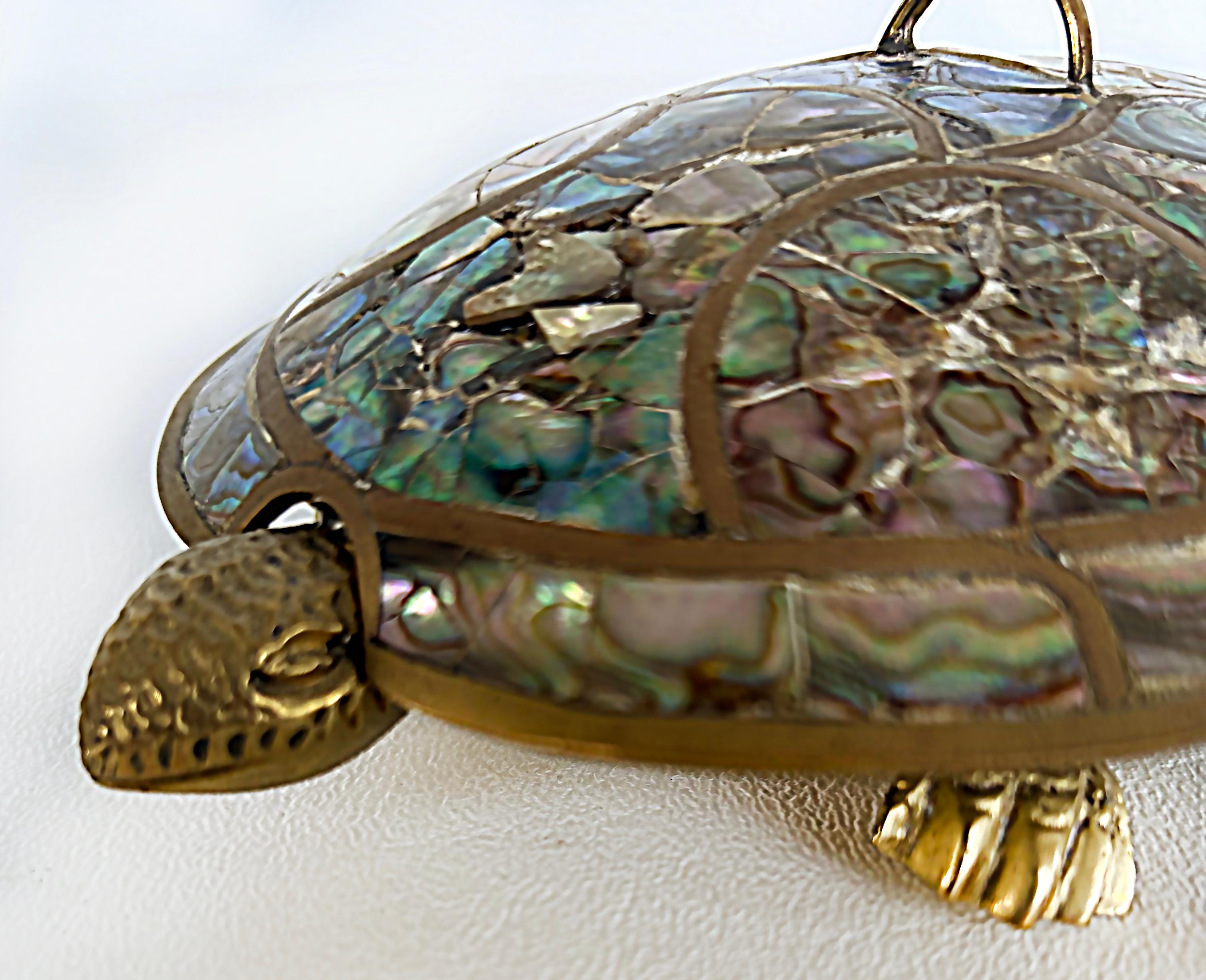 Mexican 1960s Mid-century Abalone Shell Brass Turtle Dish with Cover 1
