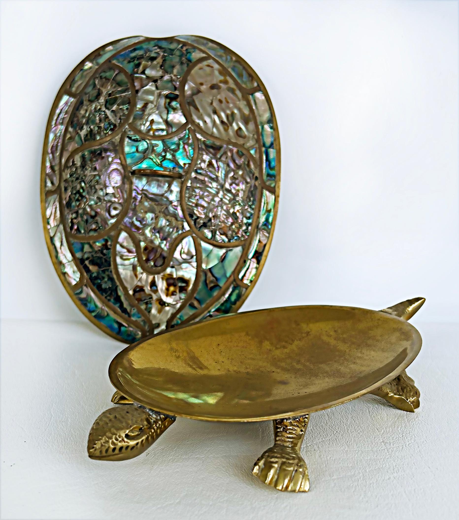 Mexican 1960s Mid-century Abalone Shell Brass Turtle Dish with Cover 2