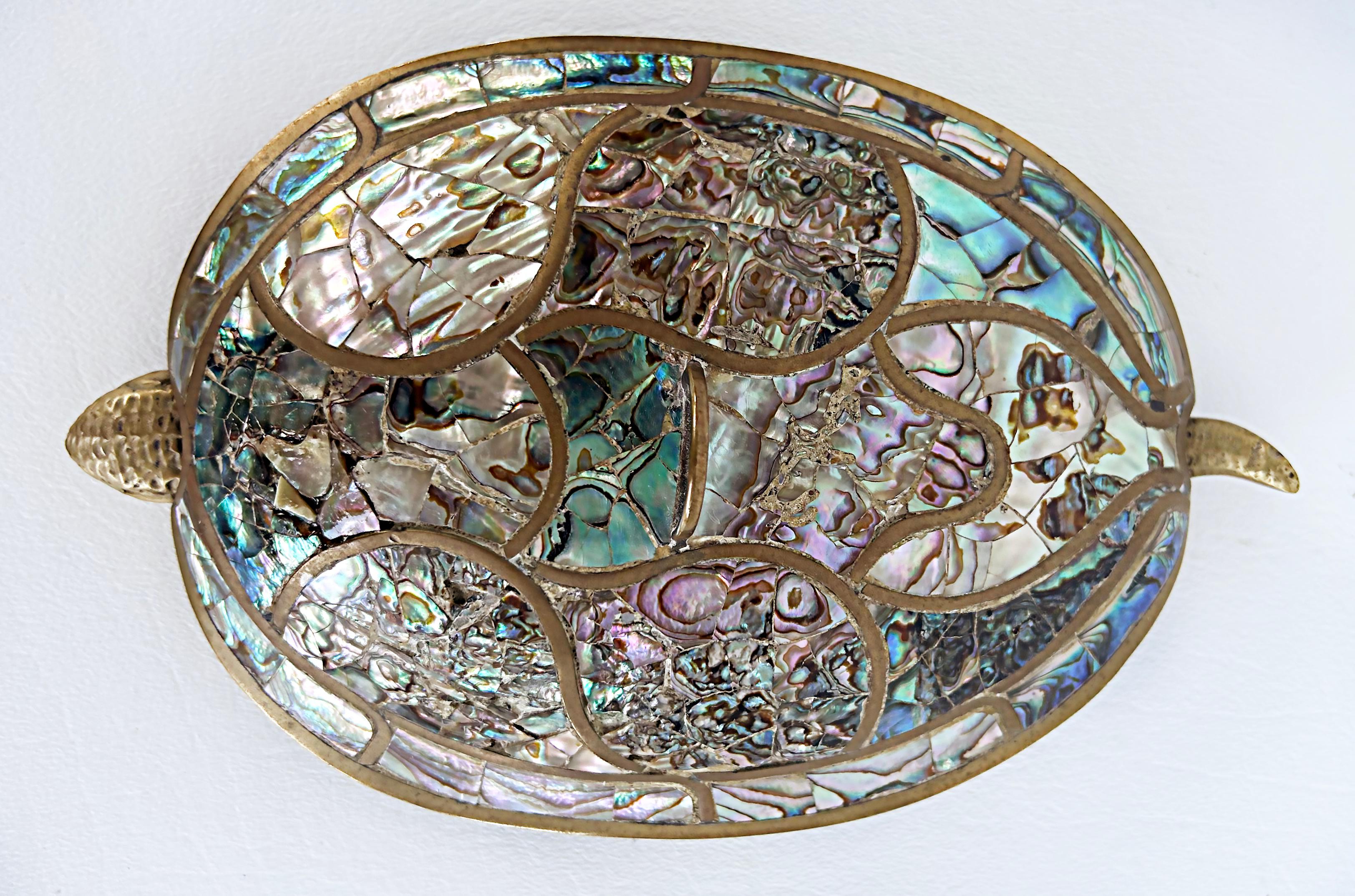 Mexican 1960s Mid-century Abalone Shell Brass Turtle Dish with Cover 4