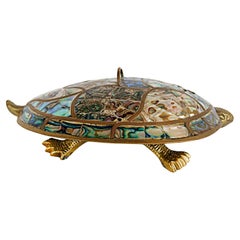 Mexican 1960s Mid-century Abalone Shell Brass Turtle Dish with Cover