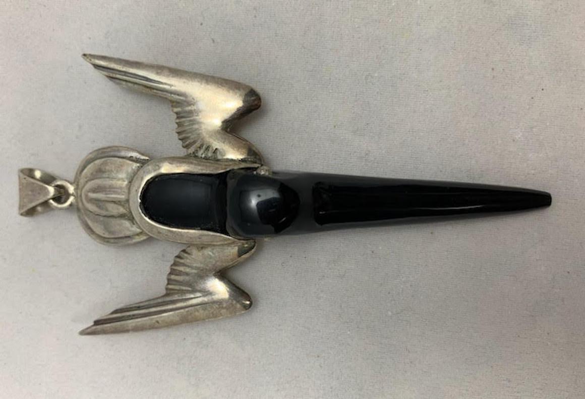 da uomo o donna Ciondolo colibrì messicano in argento 925 e ossidiana in vendita